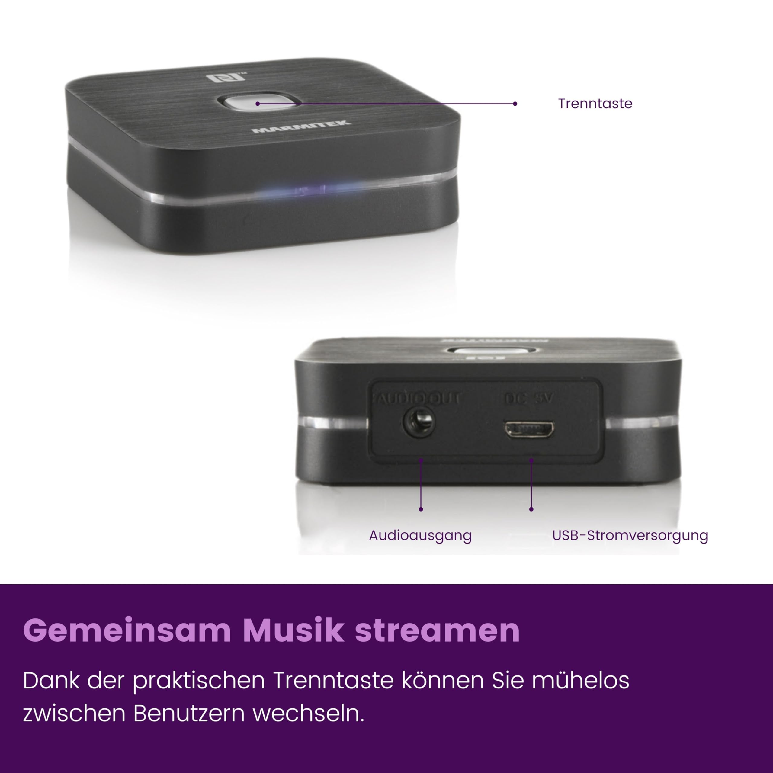 Bluetooth Empfänger Marmitek BoomBoom 80 – Musik kabellos streamen – NFC & 3,5mm Klinke – HiFi Stereo Klang – Kompakter Bluetooth Receiver – Heim HiFi | Audio Receiver zum Musikstreaming auf HiFi-Anlage, 3,5 mm Klinke, USB-Strom, A2DP, Standby-Funktion un