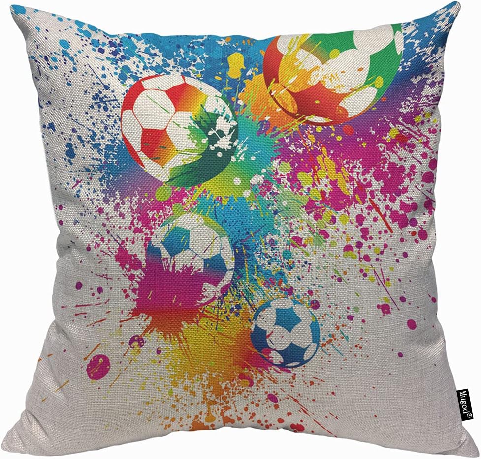 Mugod Colorful Football Cushion Cover Throw Pillow Covers Sports Passion Raibow Color Soccer Balls Doodle Polka Dot Pillow Case for Men Women Decorative Home Sofa Chair Couch 45x45cm/18x18 Inch