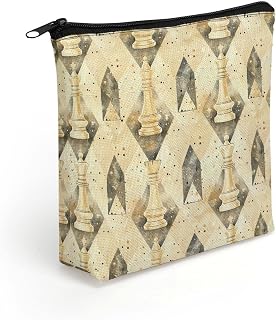 White Chess Pieces Checkmate Linen Makeup Bag Cosmetic Organizer Pouch Aesthetic Accessories