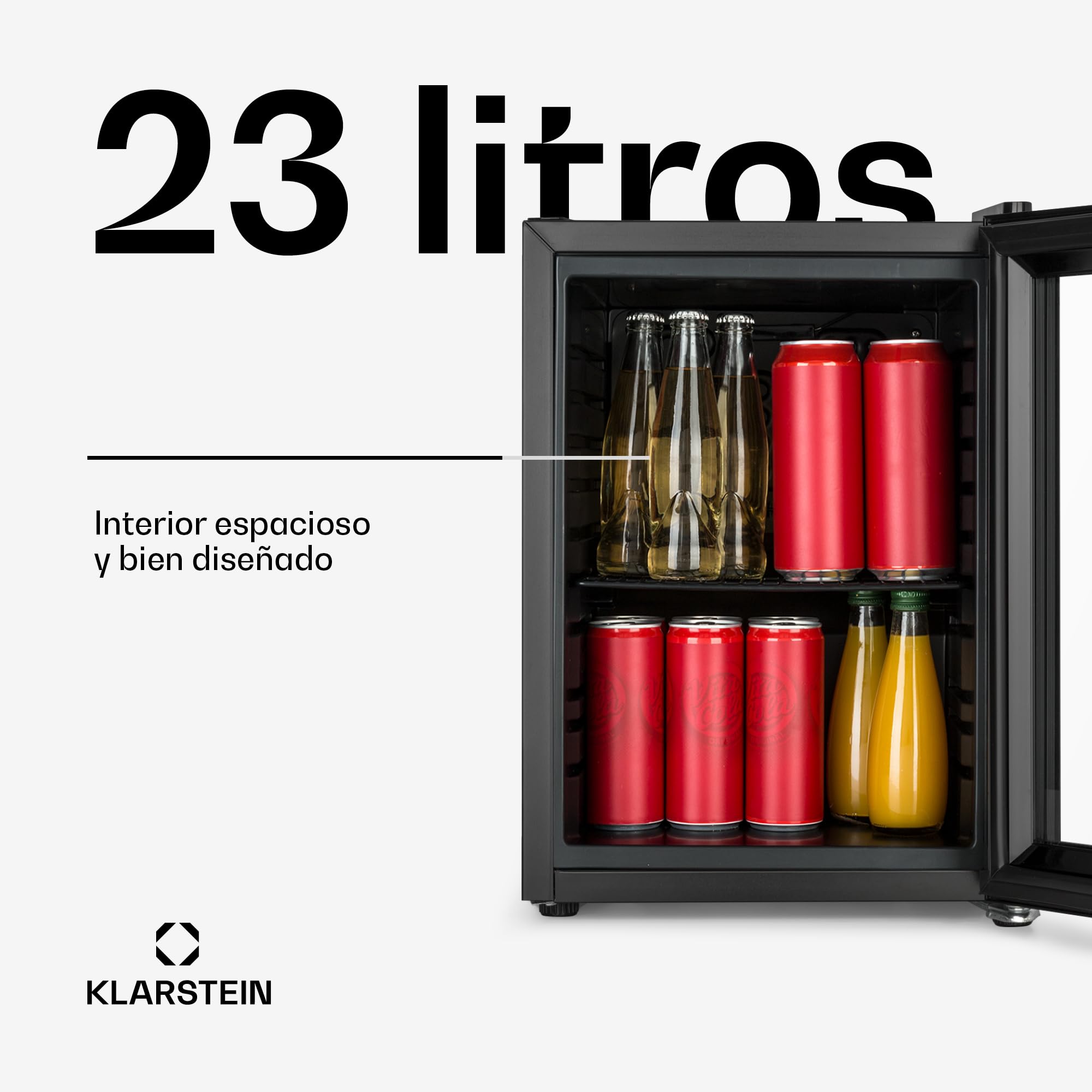 KLARSTEIN Minibar frigorífico para bebidas, Harlem, sistema de refrigeración por compresión, 23 L, 5 niveles de refrigeración: 0-10 °C, bajo nivel sonoro: 39 dB, 1 base de rejilla metálica, negro