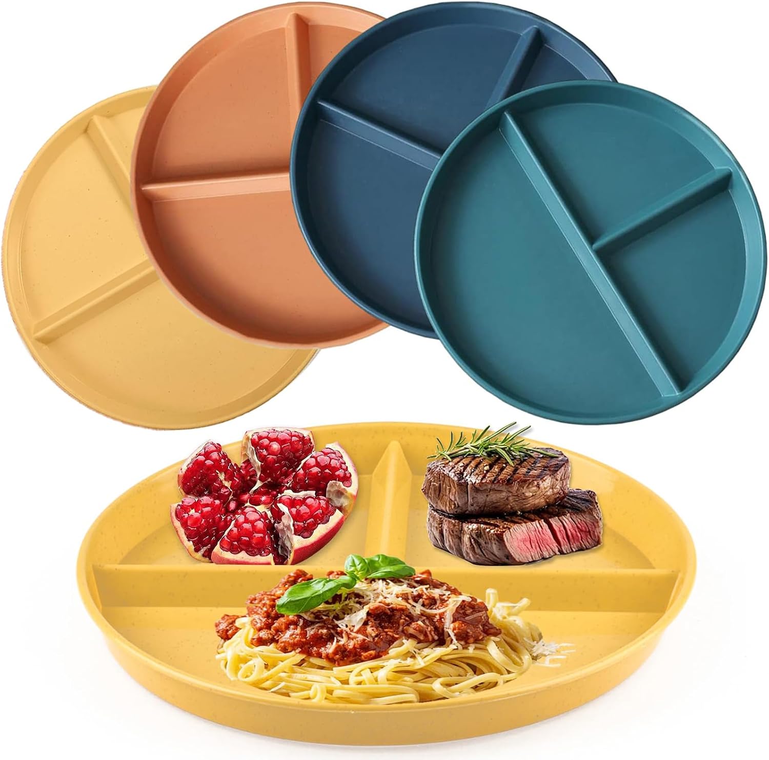 Divided Dinner Plates 4 Pieces Adult Plate Set Made of Plastic Unbreakable Divided Plates with Dividers Dishwasher Safe Portion Control for Teenagers and Adults Snack Plates
