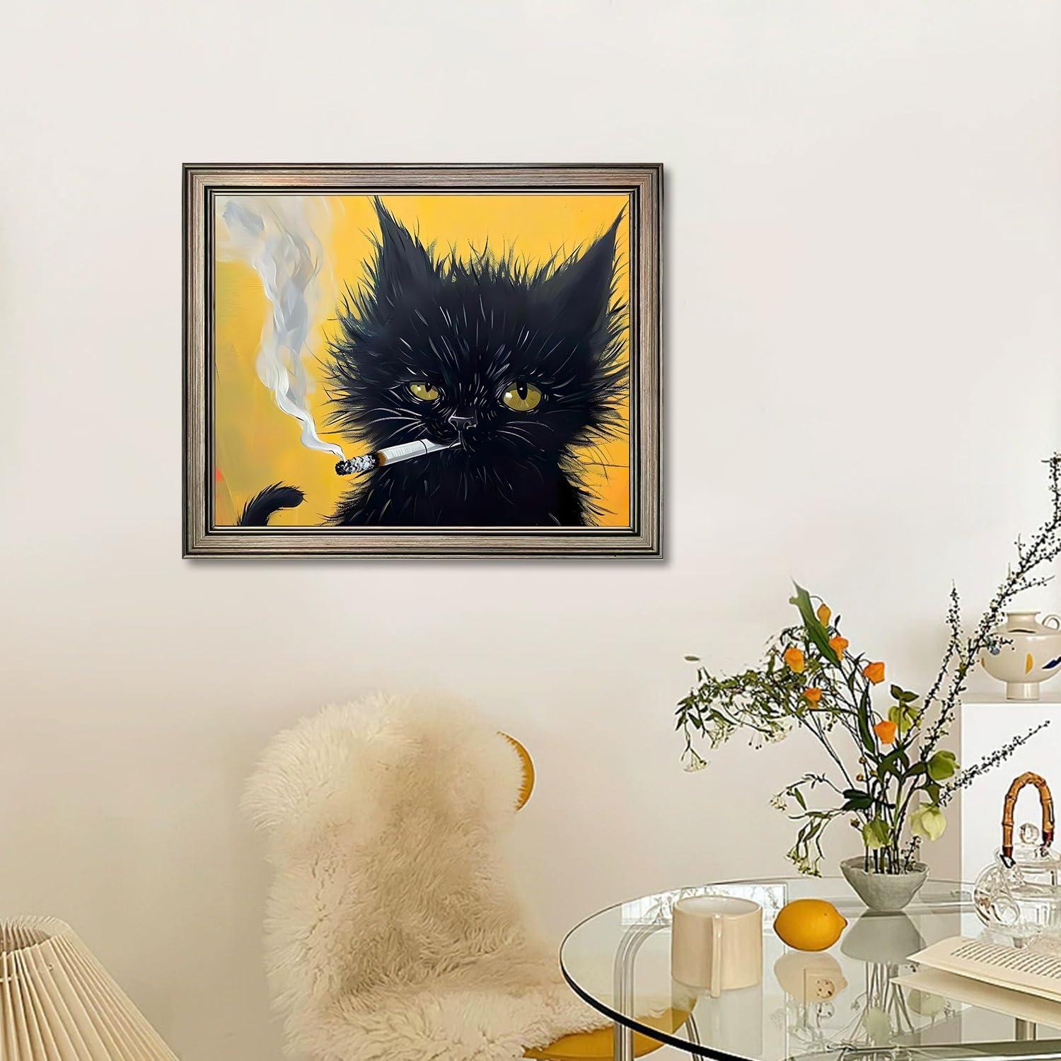 Vintage Framed Black Cat Painting Cat Portrait Wall Art Canvas Print Poster for Mens Room Living Room Bedroom Bathroom Home Decor