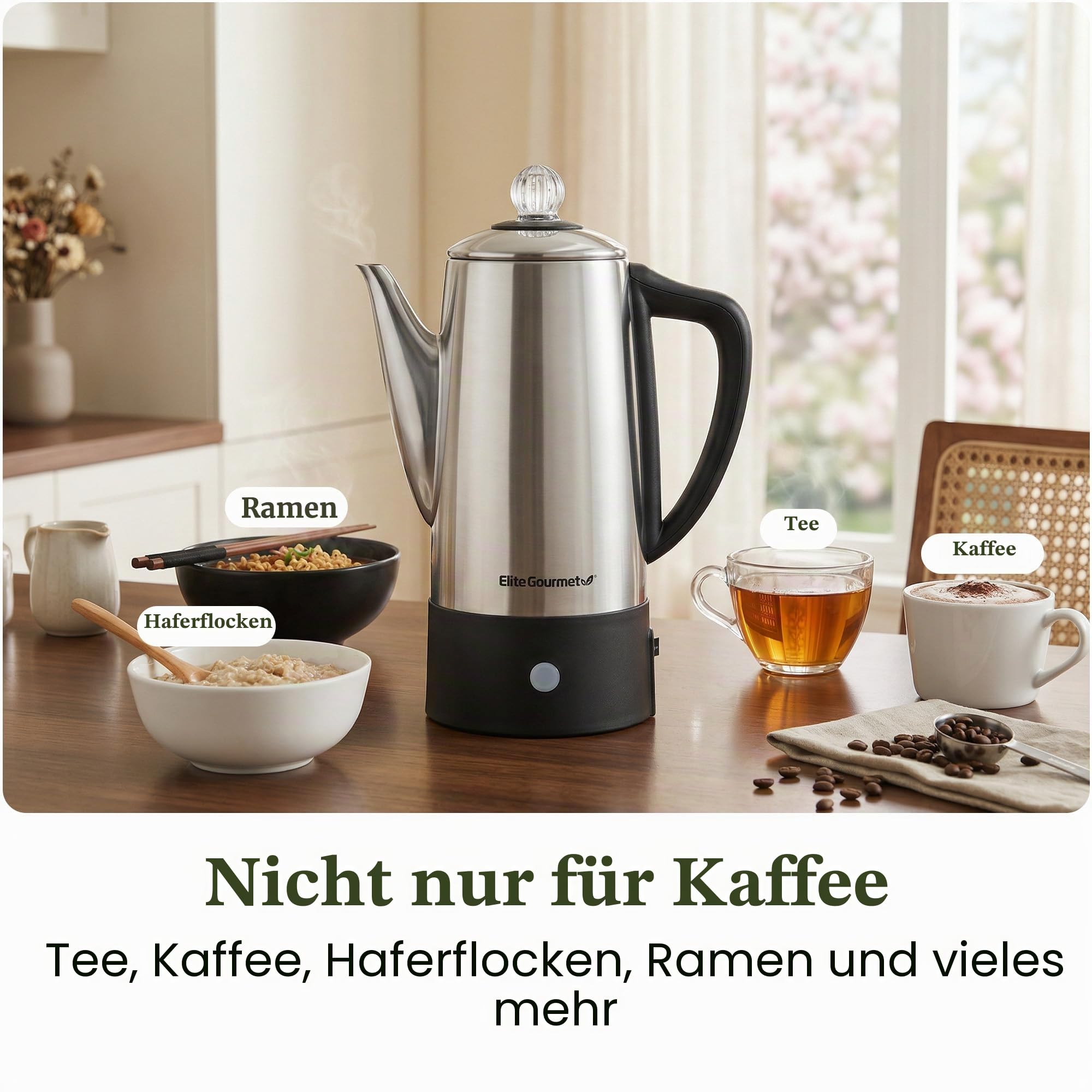 Elite Gourmet EC140 Elektrischer Kaffee-Perkolator für 6 Tassen mit Warmhalten, durchsichtigem Braufortschrittsknopf, Cool-Touch-Griff, kabelloser Servieren, Edelstahl