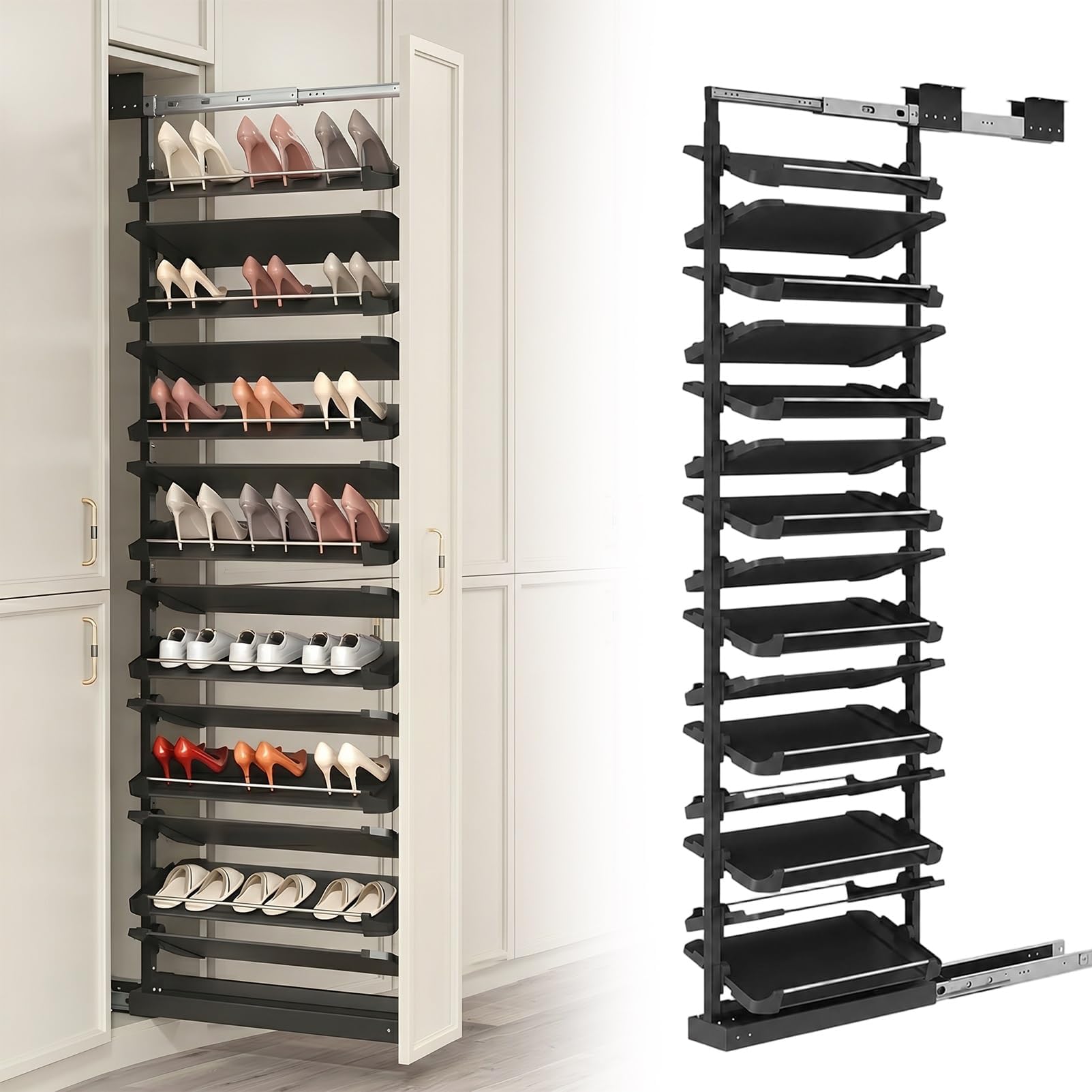 Pull-Out Shoe Rack Organizer, Retractable Adjustable Height Vertical Metal Shoe Shelf for Closet Shoe Cabinet, Stackable Organizer for Small Bedroom Closet, Space Saving Storage