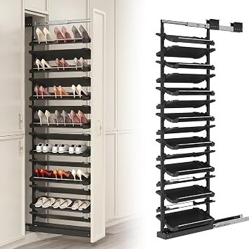 Pull-Out Shoe Rack Organizer, Retractable Adjustable Height Vertical Metal Shoe Shelf for Closet Shoe Cabinet, Stackable Organizer for Small Bedroom Closet, Space Saving Storage