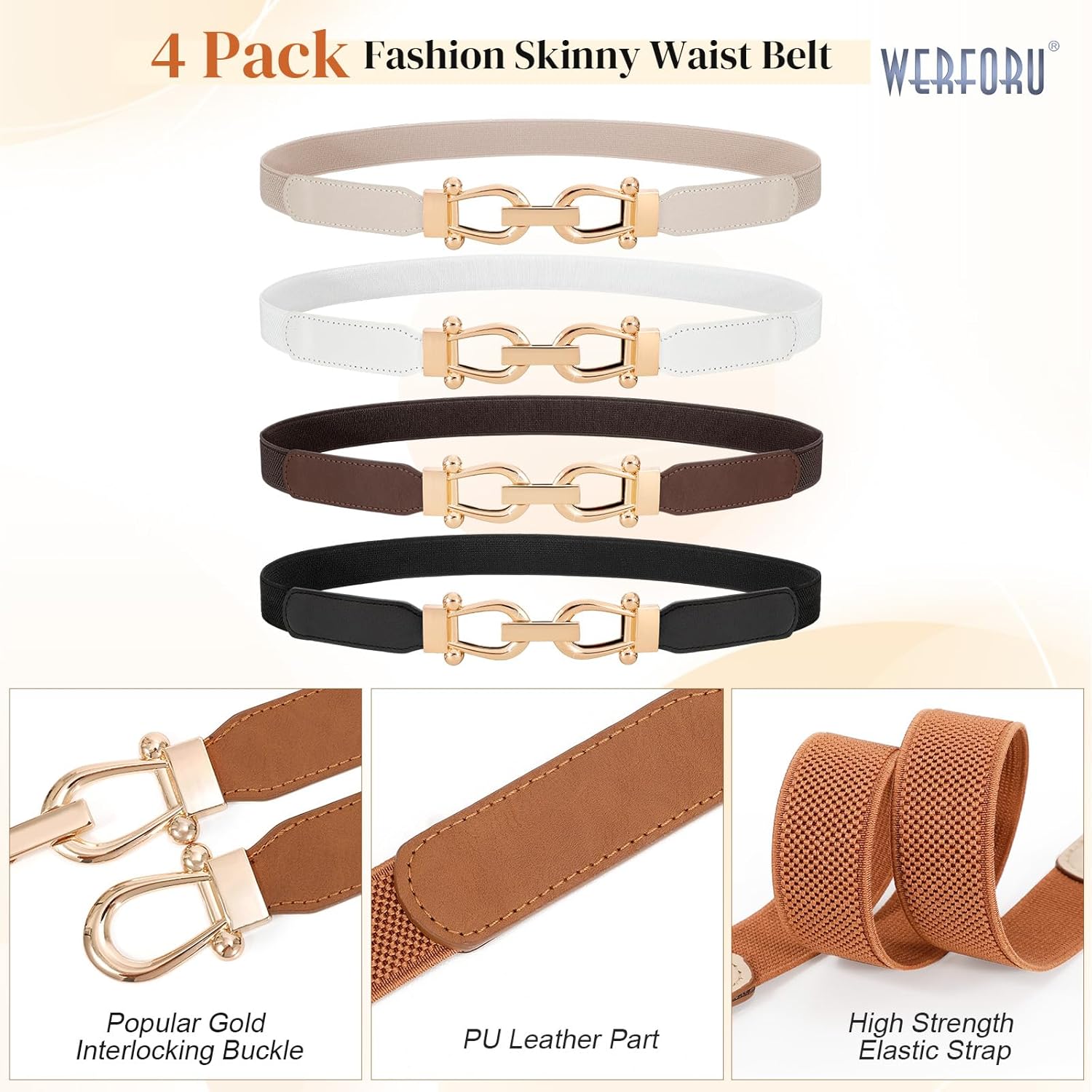 WERFORU 4 Pack Women Skinny Elastic Waist Belt Gold Buckle Stretchy Thin Belt for Jeans Dress - Image 3