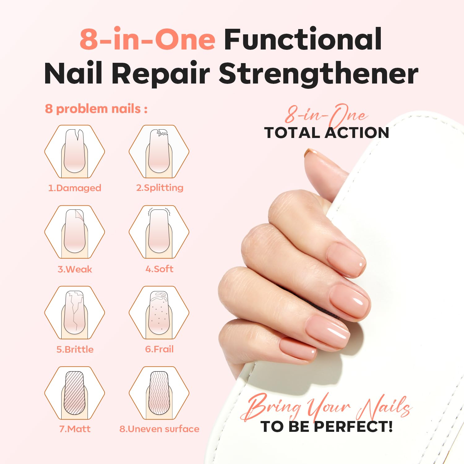 Modelones Nail Care 8 in one Ridge Filling Strengthener Treatment, Nail Polish Strengthener for Damaged and Weak Nail, Nail Hardener Extra Strong and Growth Smoothing Base Coat Jelly Nude Varnish 15ml — view 3