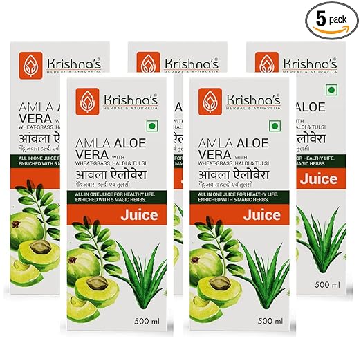 Krishna's Amla Aloe Vera Wheat-grass, Haldi & Tulsi Juice - 500 ml (Pack of 5) | Powerful Antioxidant | Enriched with Vitamin C | All in one health drink with Aloe Vera, Amla, Haldi, Tulsi & Wheatgrass