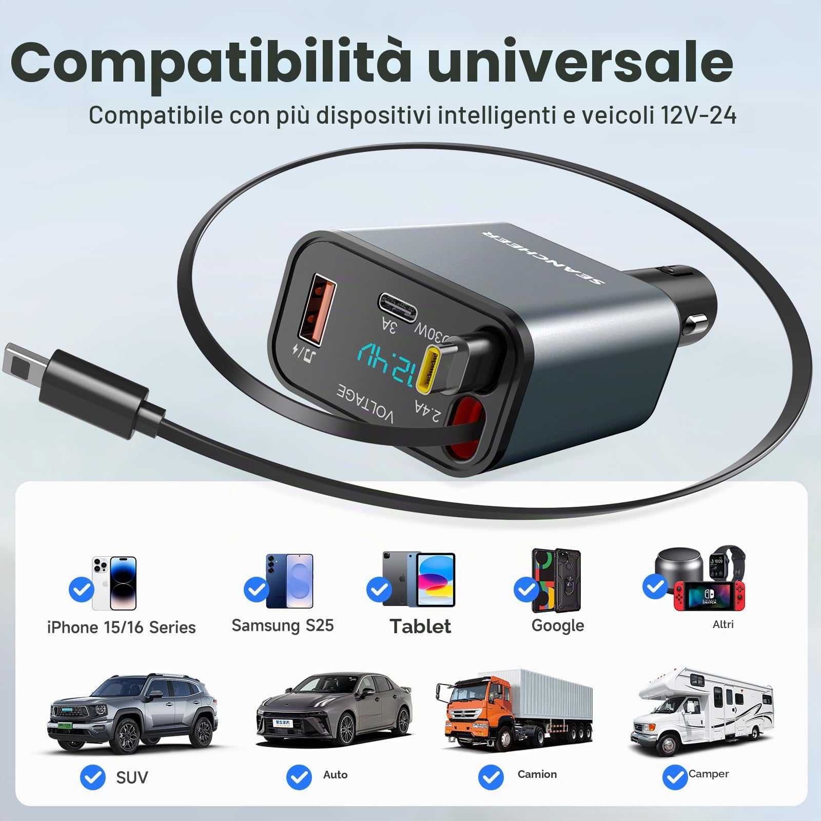 SEANCHEER Adattatore Bluetooth Auto & Accendisigari USBC, 69W Caricatore Auto con 2 Cavi Retrattili, Trasmettitore FM Bluetooth 5.3 (USB-C+Lightning)