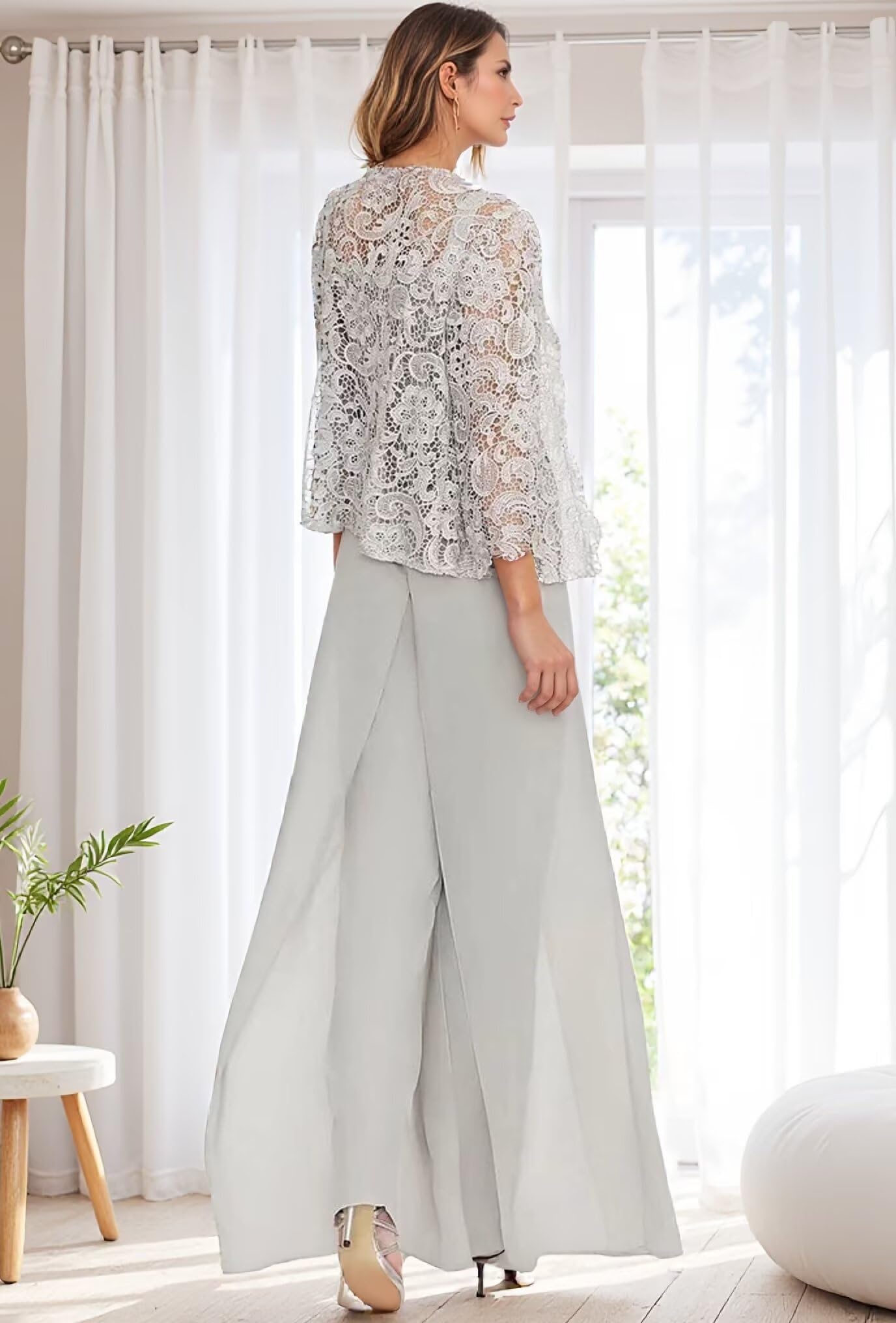 Hosenanzug Damen Festlich Elegant 3-Teiliger Spitzen Chiffon Mutter Der Hochzeitsoutfit Mit Jacke Hochzeit Brautmutter Hosen Set