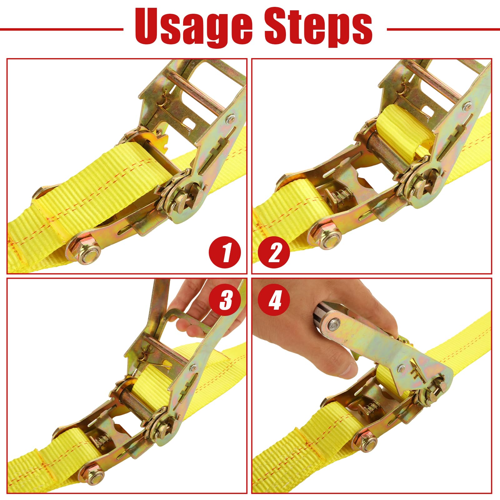 4 cinghie con cricchetto e gancio, 5 m, 50 mm, cinghie a cricchetto larghe, cinghie di fissaggio in due pezzi, carico pesante 4000 kg, colore giallo per fissaggio del carico, rimozione bagagli