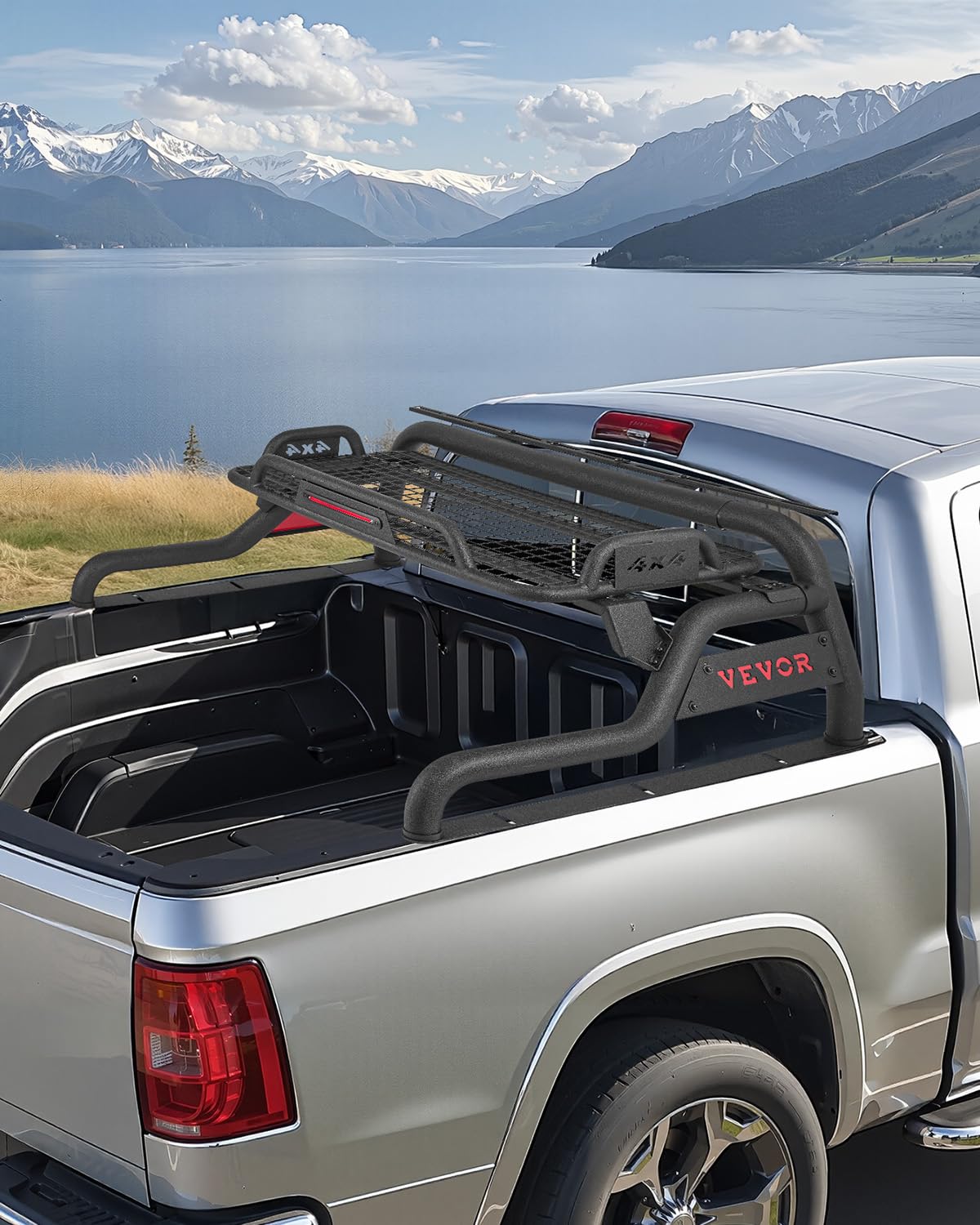 VEVOR Arceau de Sécurité Arrière pour Pick-up, Barre de Benne Réglable Universel, Compatible avec Pickup Pleine Grandeur, en Acier au Carbone, avec Plateau Porte-bagages et Feu Stop LED, Camion