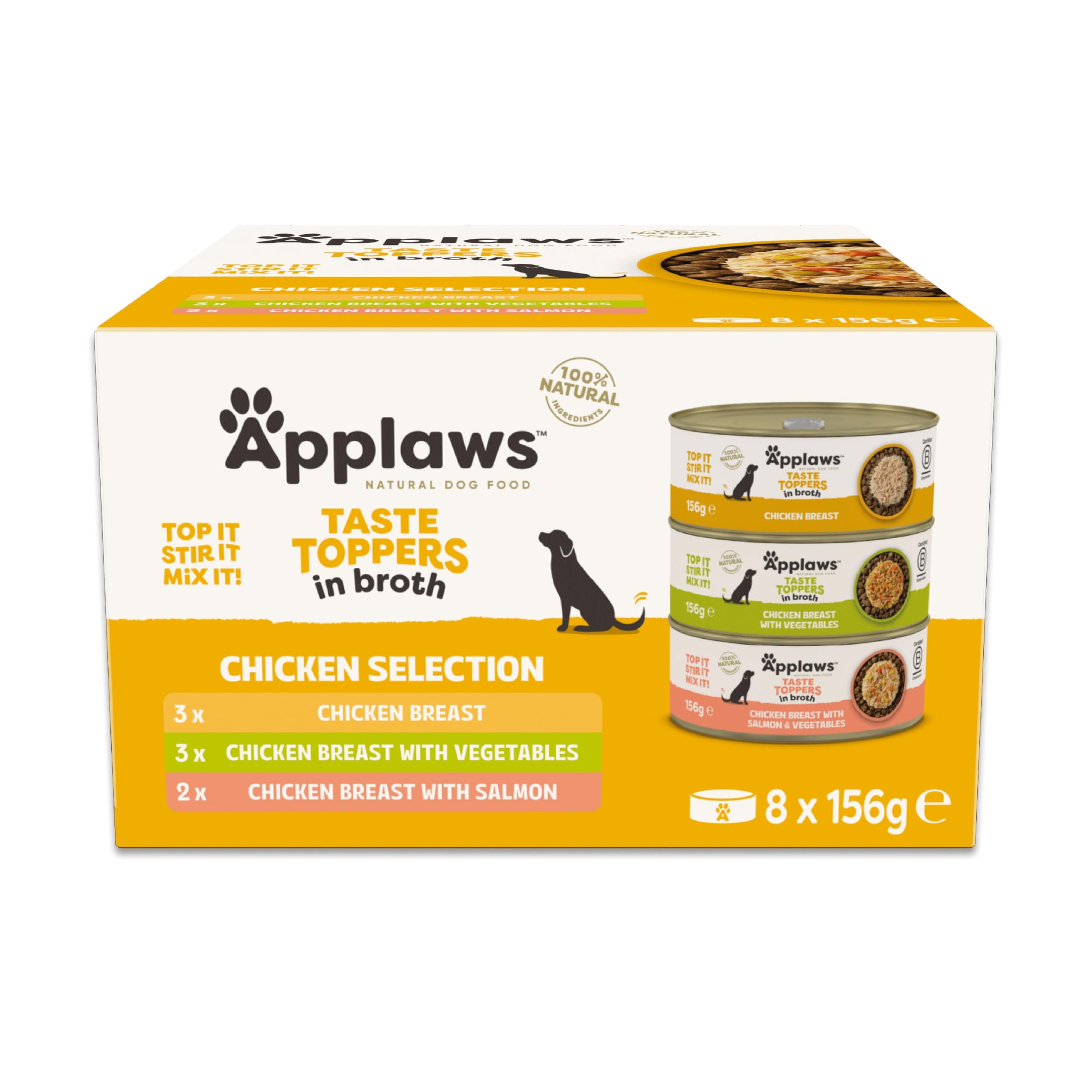 Applaws 100% Natural Wet Dog Food Topper, Chicken Selection in Broth, 156g Tin (Pack of 8)