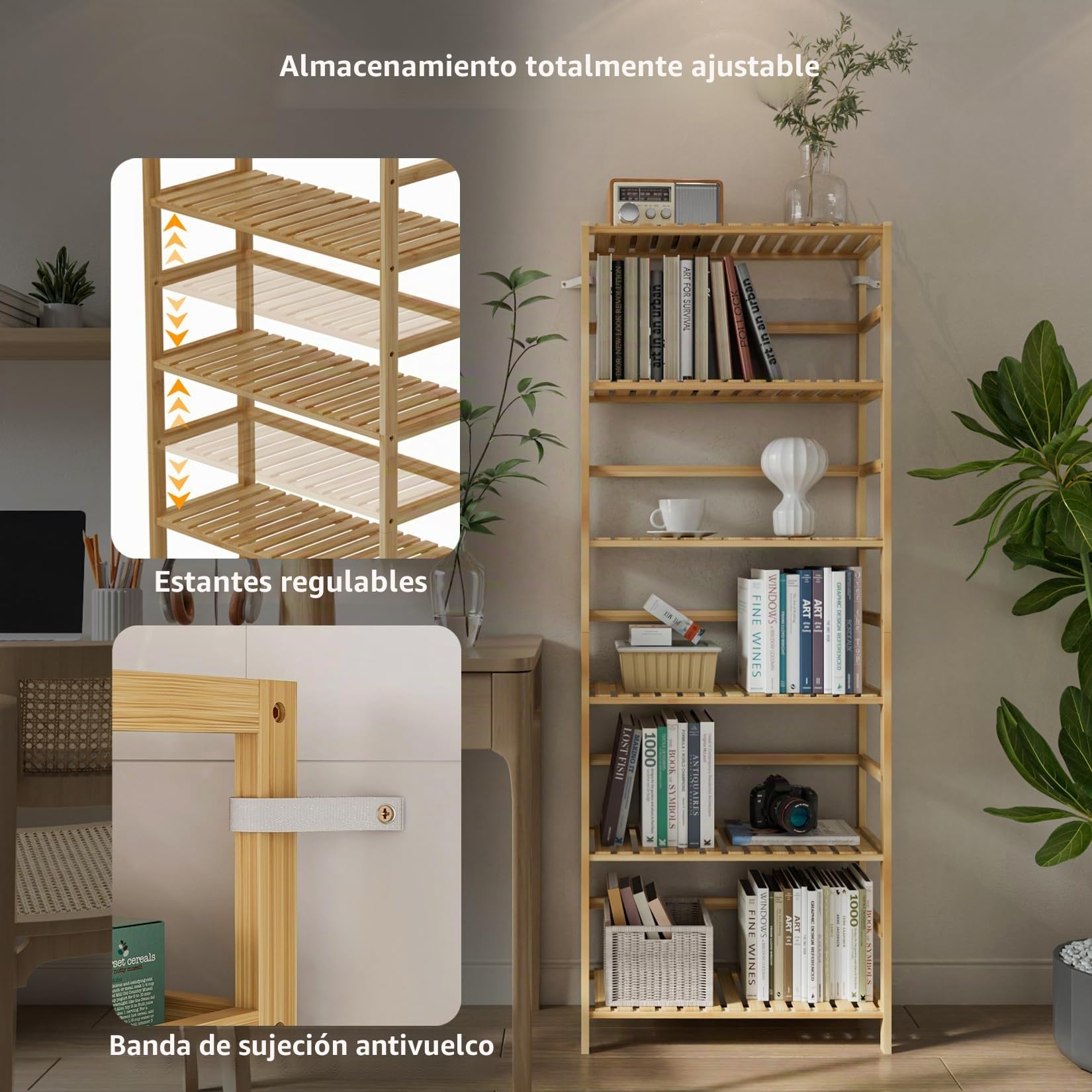 unho Estantería de Almacenamiento de Bambú con 6 Niveles: 60x26x161cm Unidad de Almacenamiento con Estantes Regulables en Altura Estante Vertical para Dormitorio Cocina Oficina Estudio