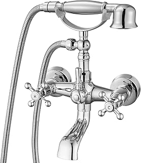 Aolemi Wall Mount Bathtub Faucet with Handheld Shower Polish Chrome Double Cross Handle Mixer Tap with Telephone Shaped Hand Sprayer Vintage Tub Filler