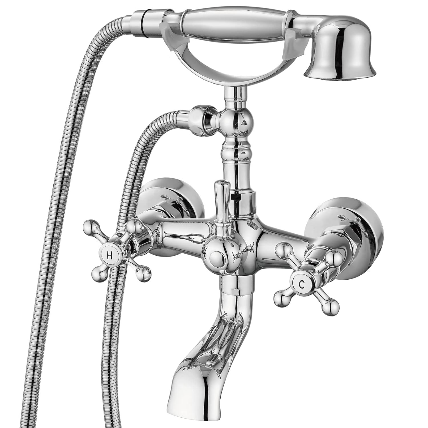 Polish Chrome Bathtub Faucet with Handheld Shower Sprayer Wall Mount
