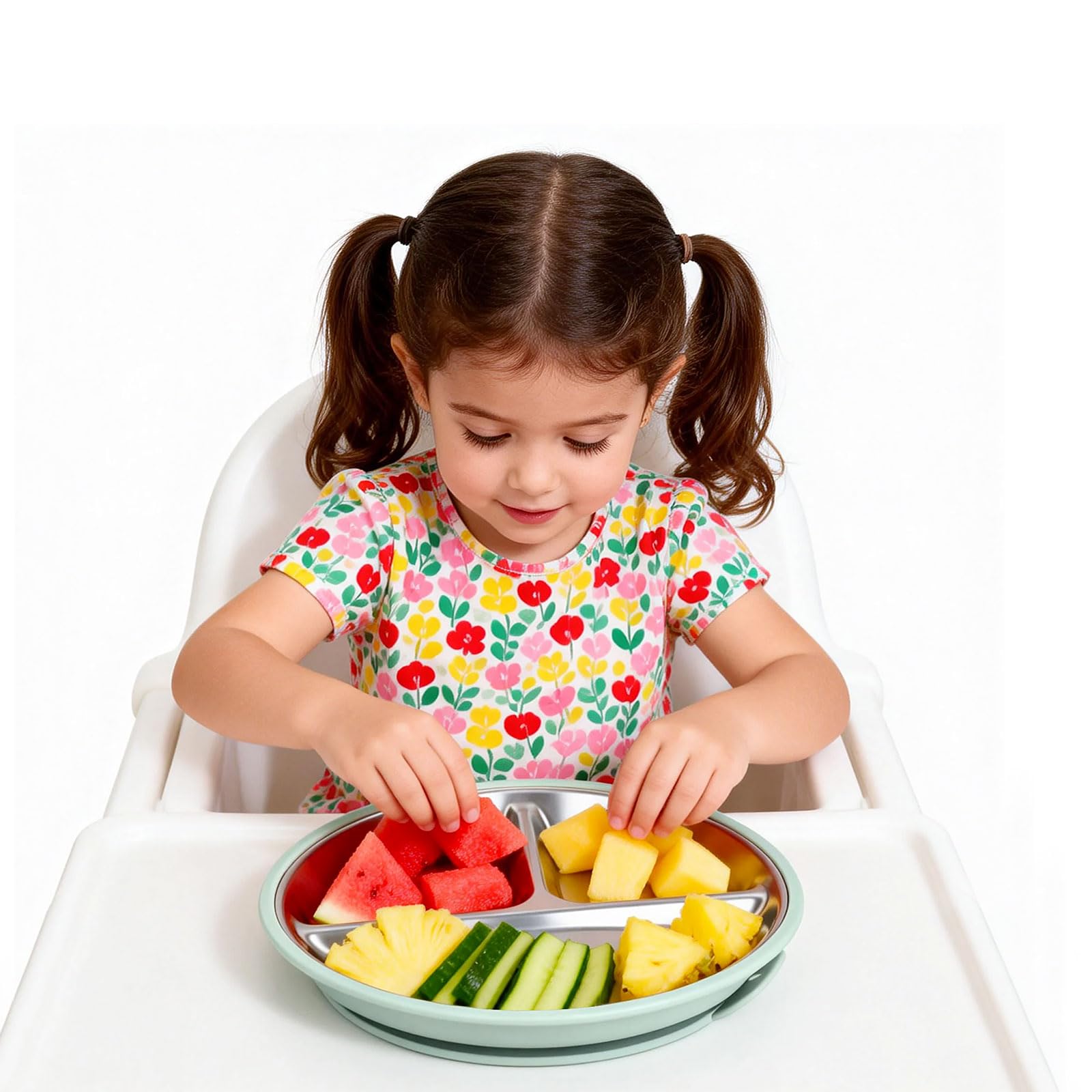 Greentainer Lot de 3 assiettes en acier inoxydable, assiette divisée en silicone avec base adhésive, ustensiles pour tout-petits pour l'alimentation du bébé, sevrage à la demande du bébé, réutilisable