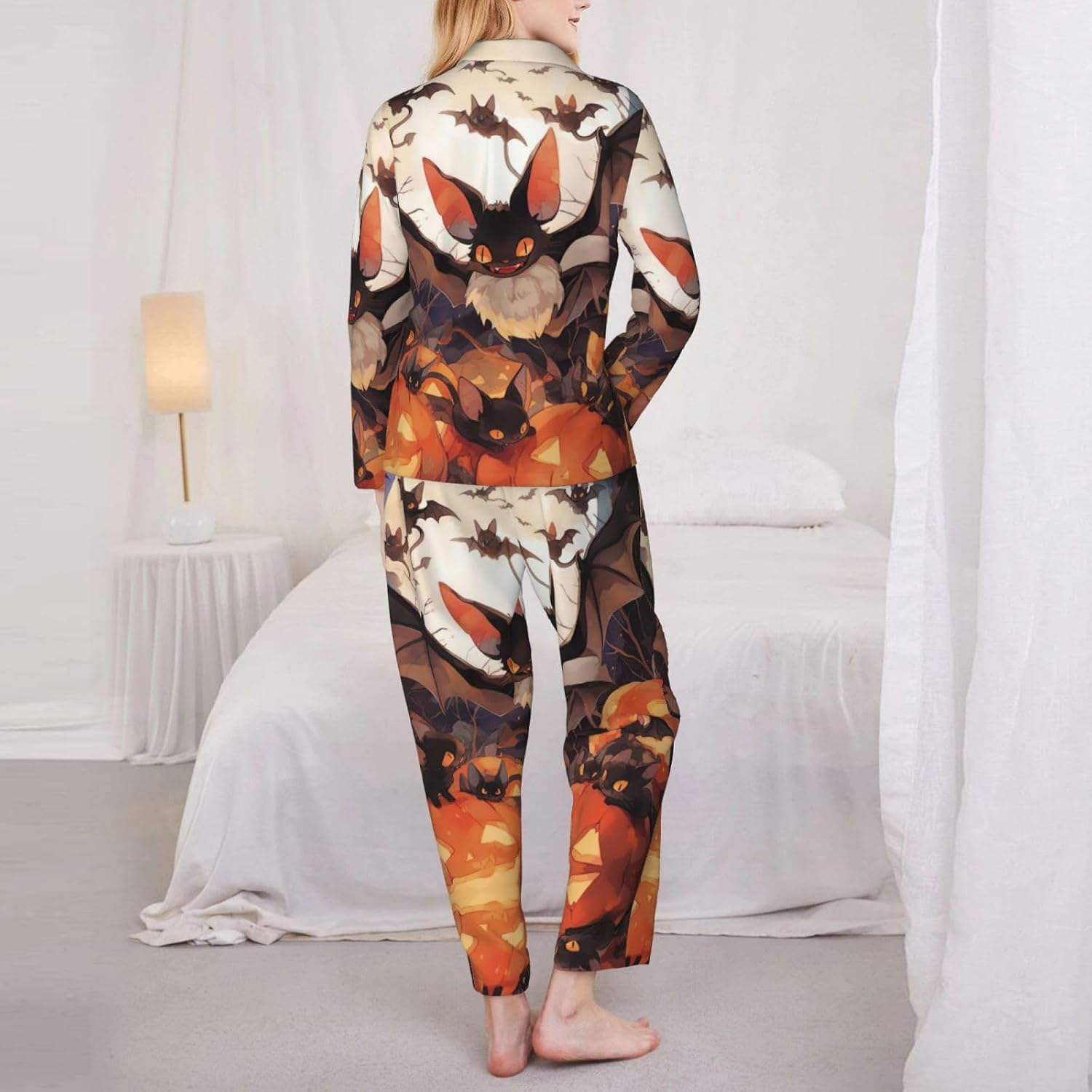 Halloween Bats Grey Print Christmas Pajamas For Women,Matching Pajama Sets,For Holiday And Thanksgiving