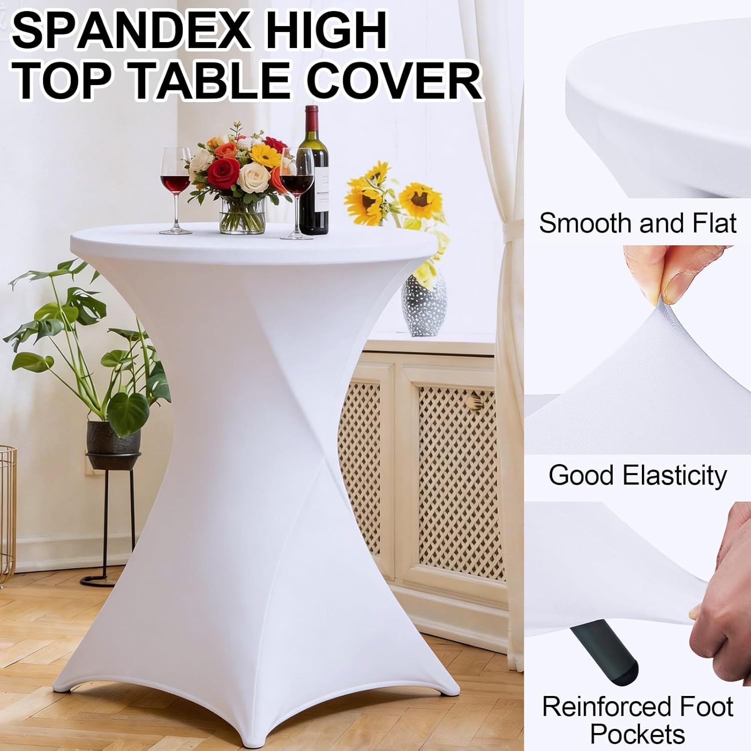 2 Set 32" Cocktail Table with Table Covers Round FoldingTables White 32" x 43" High Top Tables Bar Height with Removable Legs for Parties Patio Backyard Dining Room Wedding Party