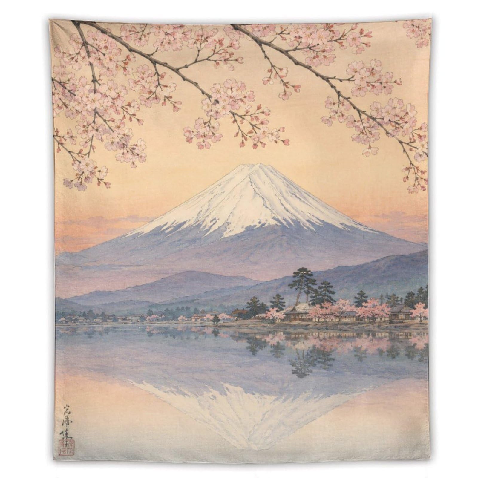 H3B8U2Y5 Mount Fuji Cherry Blossom Wall Tapestry, Ukiyo-e, Soft Lake