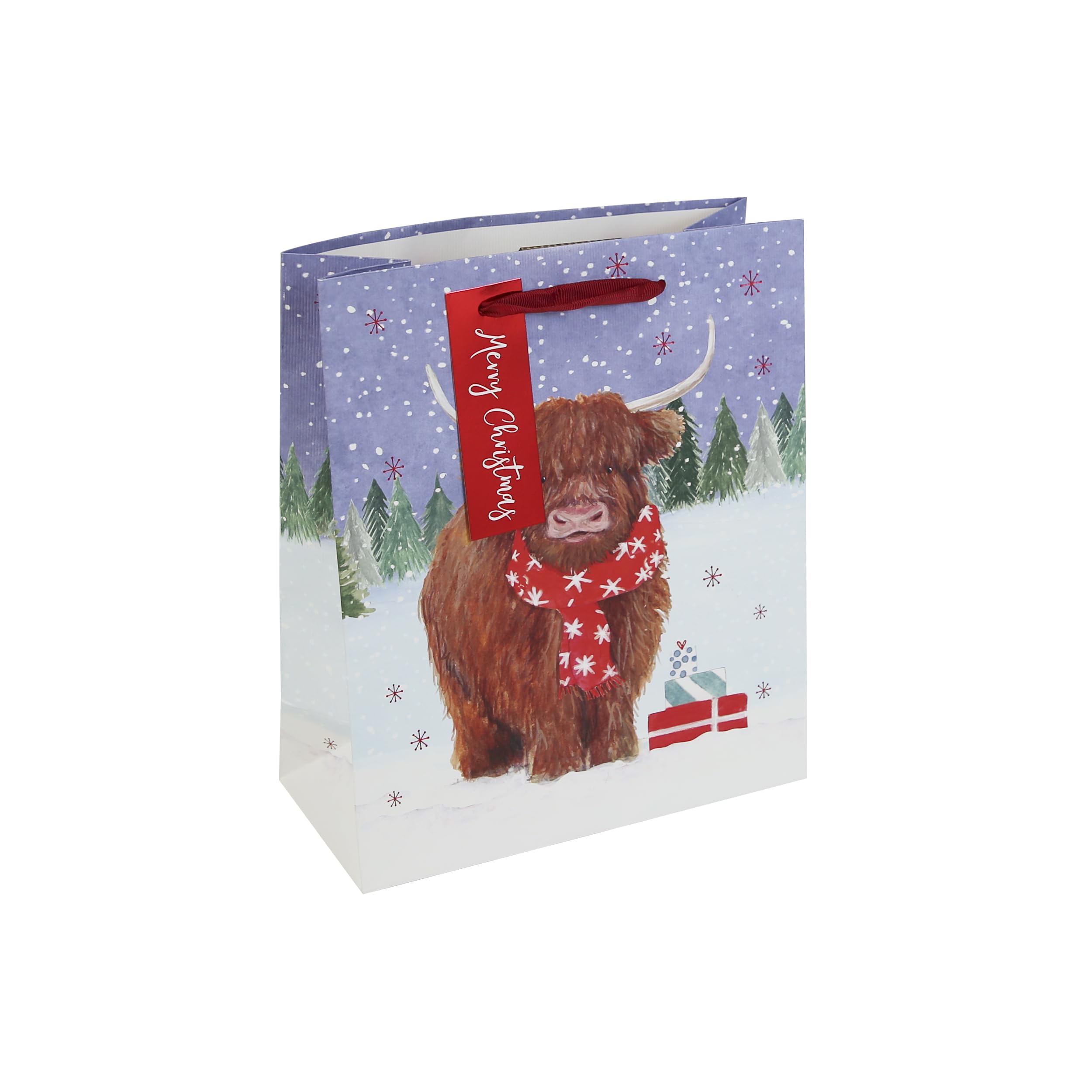 Eurowrap Medium Christmas Highland Cow Gift Bag – Festive Winter Scene with Red Scarf & Presents – Red Ribbon Handle – Recyclable Paper Bag for Seasonal Wrapping