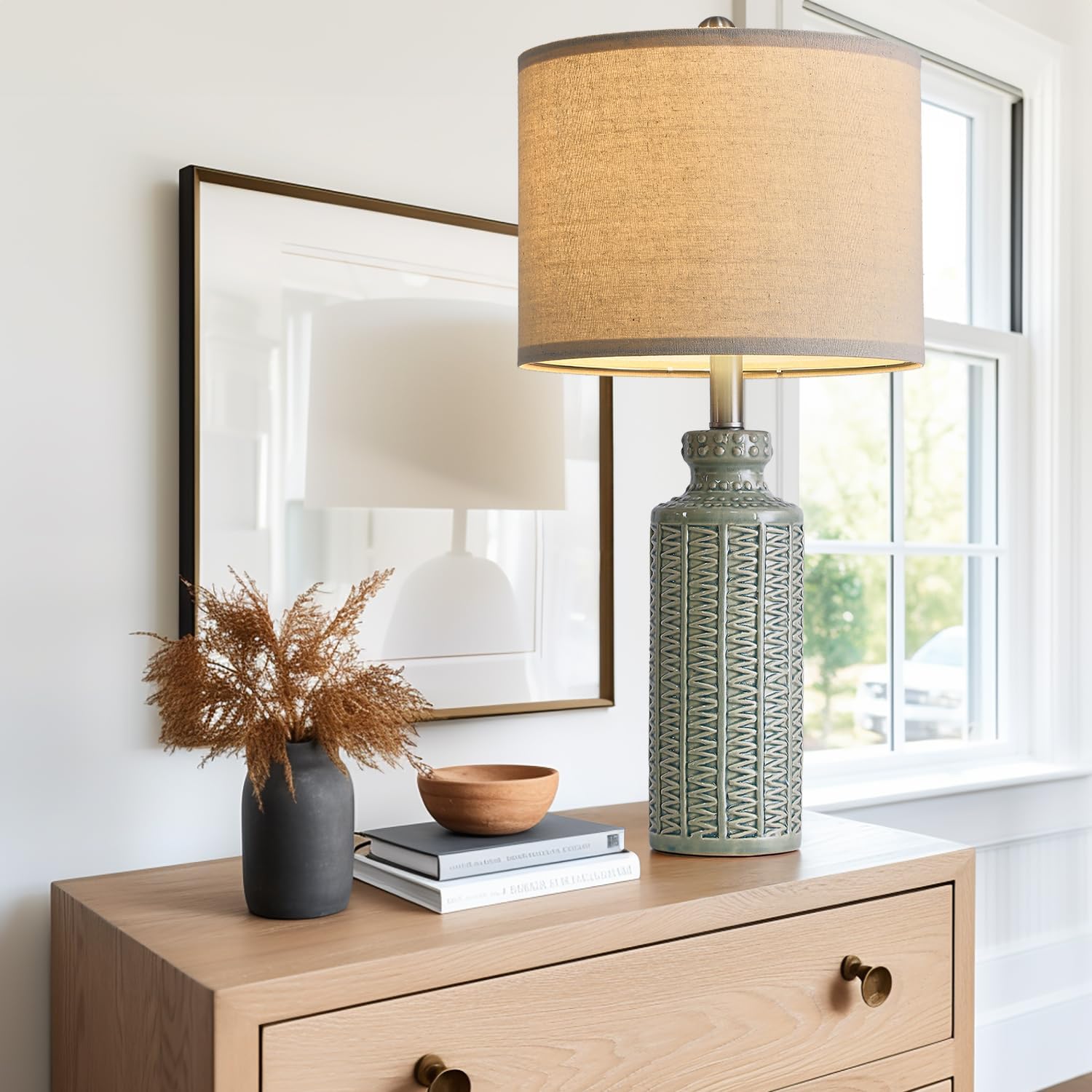 24.75'' Farmhouse Light-Green Ceramic Single Table Lamp for Bedroom Living Room Vintage Traditional Rustic Modern Nightstand Bedside Lamps 1 Pack-Light green