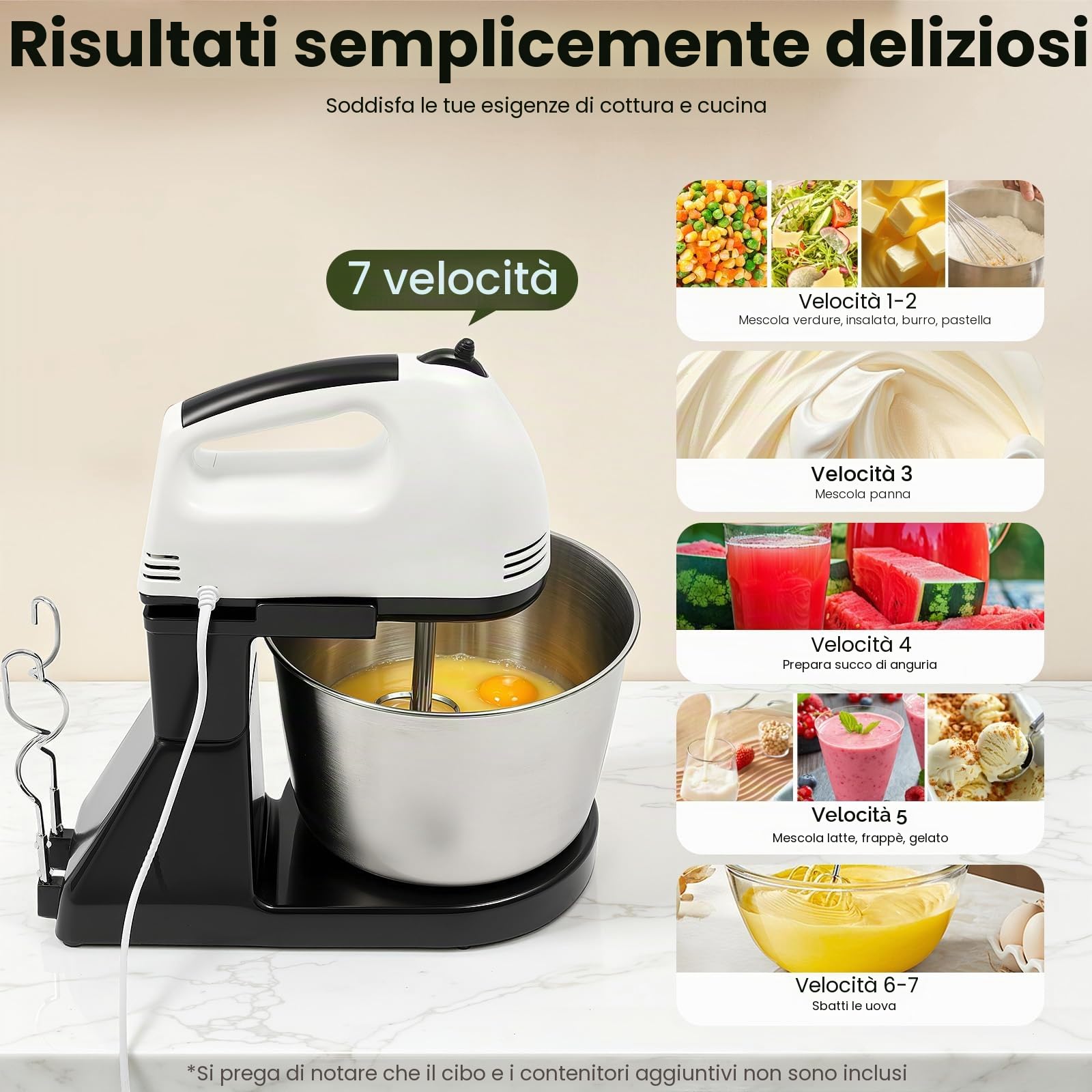 Macchina da cucina da 100 W, impastatrice con ciotola in acciaio inox da 1,7 l, 7 velocità, con 2 frullatori, robot da cucina per impasto del pane