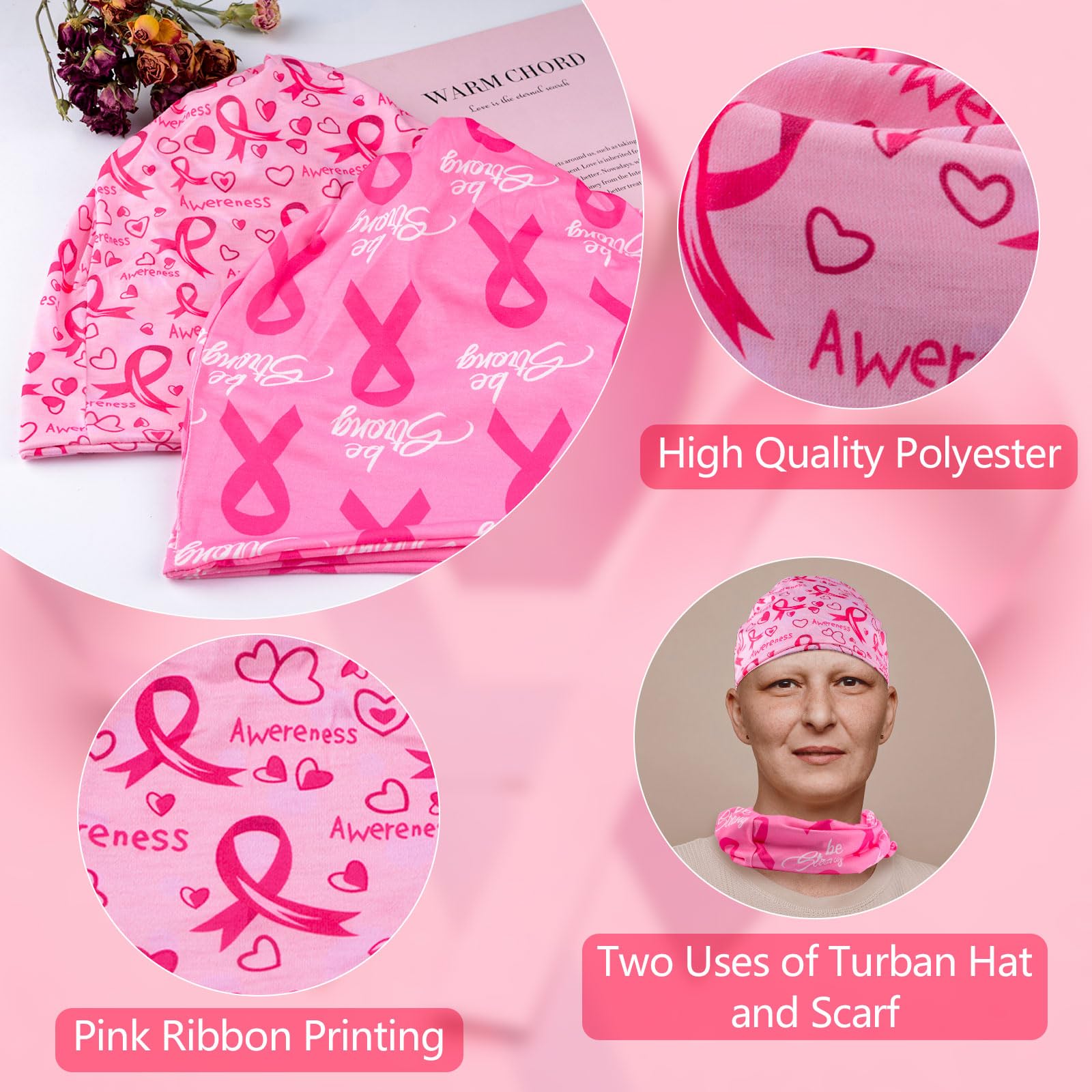 WANDIC 2PCS Breast Cancer Beanie Caps - Image 3