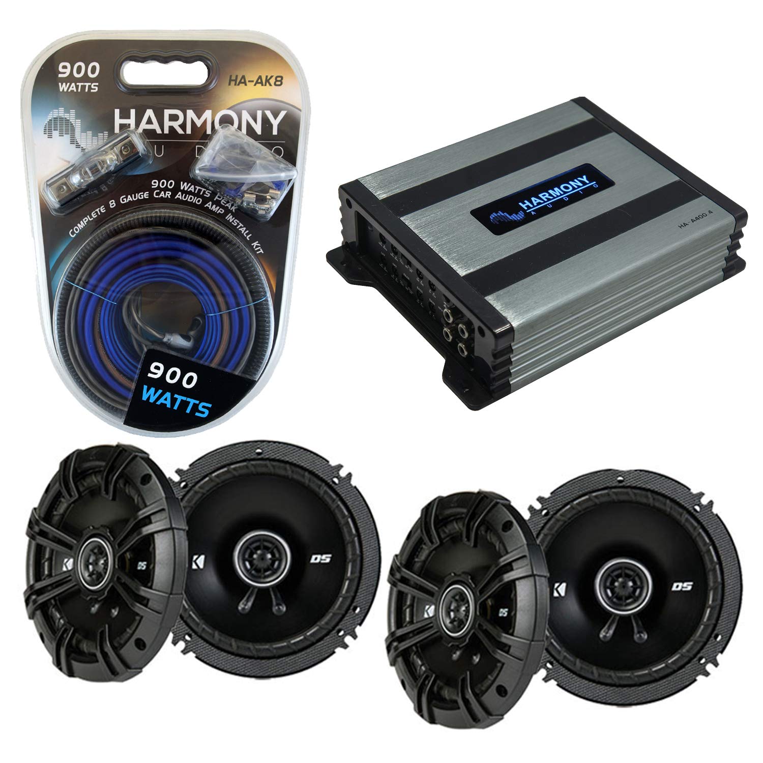 Harmony Audio Bundle with Kicker (2) DSC65 Speaker Replacement & Harmony HA-A400.4 Amp Compatible with Infiniti QX4 1997-2003