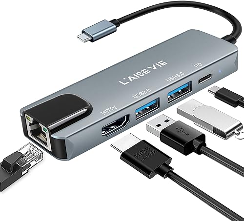 Miniatura 1 de Hub USB C, 5 en 1 USB C 4K a 32Hz HDMI adaptador con puerto Ethernet, suministro de energía de 100 W, puerto de carga PD tipo C, adaptador de
