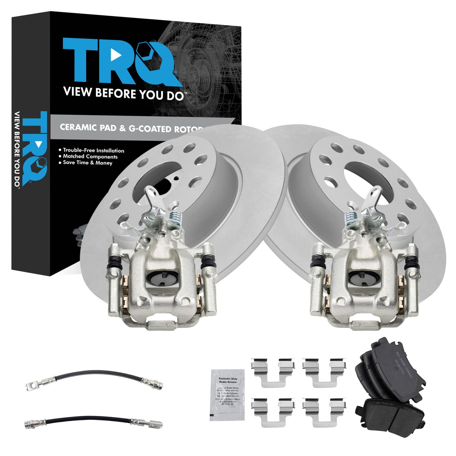 TRQ Rear Brake Pad and Rotor Set Ceramic Coated Rotors Calipers Compatible with 2010 Audi A3 A3 Quattro Volkswagen Jetta