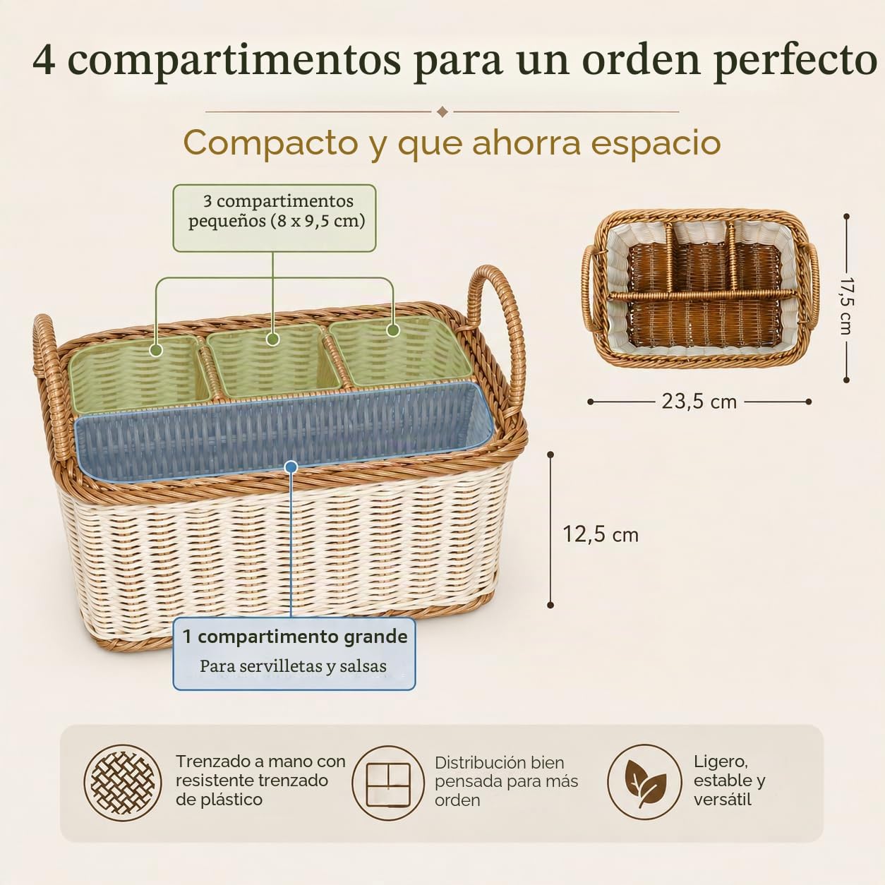 Hemoton Cesta De Almacenamiento De Ratán Sintético Con 4 Compartimentos, Organizador De Cubiertos Y Utensilios Para Cocina, Comedor, Jardín O Picnic