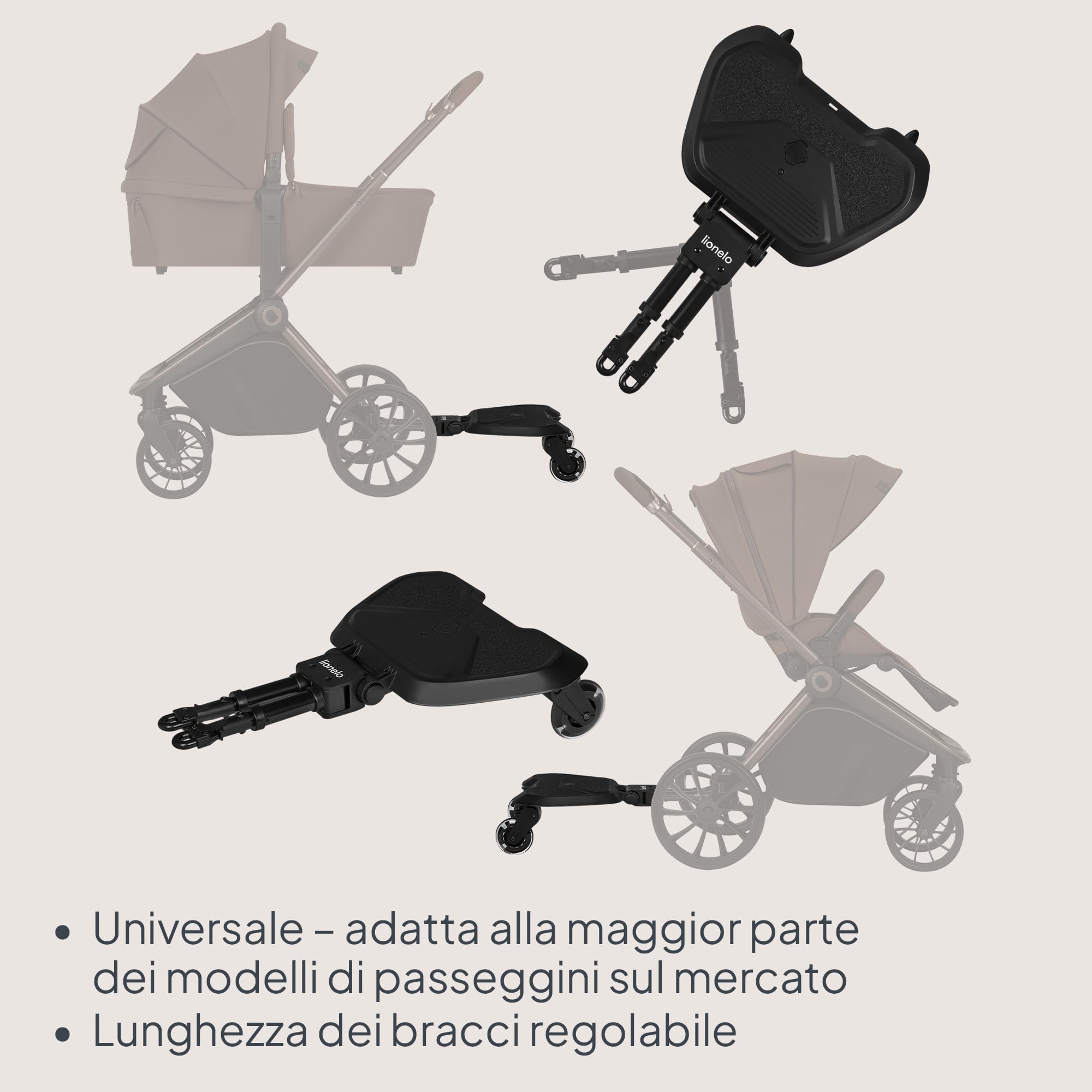 LIONELO Pedana Passeggino BUGGY BOARD con Seduta staccabile, Pedana Universale, per Bambini da 2 a 5 anni, Portata 25 kg, Ammortizzazione, Montaggio Universale, Ruote a LED, Pedane mobili