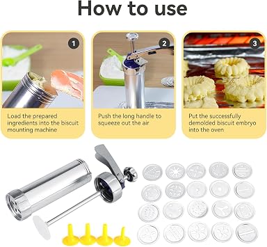 Cookie Press, Stainless Steel Churro Maker Machine Biscuit Press Cookie Gun Set with 20 Decorative Molds and 4 Nozzles for DIY Biscuit Maker 8.27 x 6.10in Cookie Press Machine Cookie Press Gun