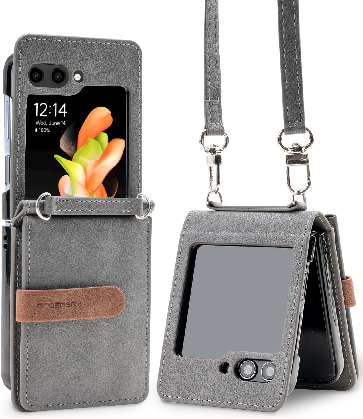 GOOSPERY Wallet Case Compatible with Galaxy Z Flip 5 Case, Detachable Card Holder 2 Card Pocket Storage Premium PU Leather Adjustable Cross-Body Strap Attached Earbud Cord Organizer - Black