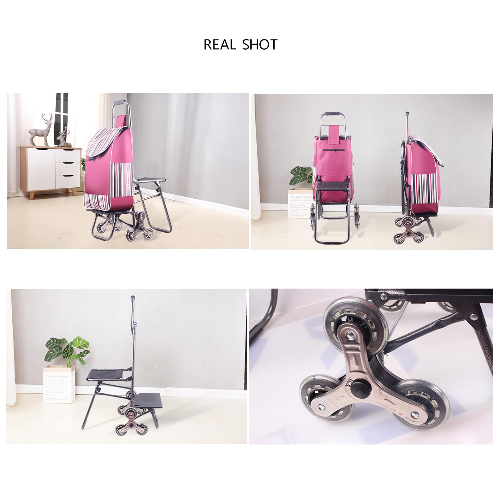 Carrello per la spesa pieghevole con sedile e copertura impermeabile, con 6 ruote in gomma, pieghevole e portatile