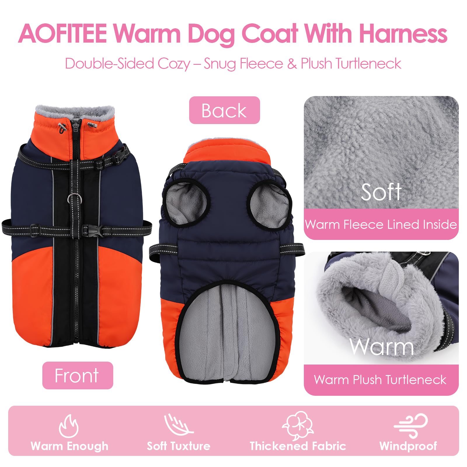 AOFITEE Abrigo grande para perro, chaquetas impermeables para perros con arnés, abrigo cálido con forro polar para perros grandes, traje de nieve, chaquetas con cremallera para perros para clima frío
