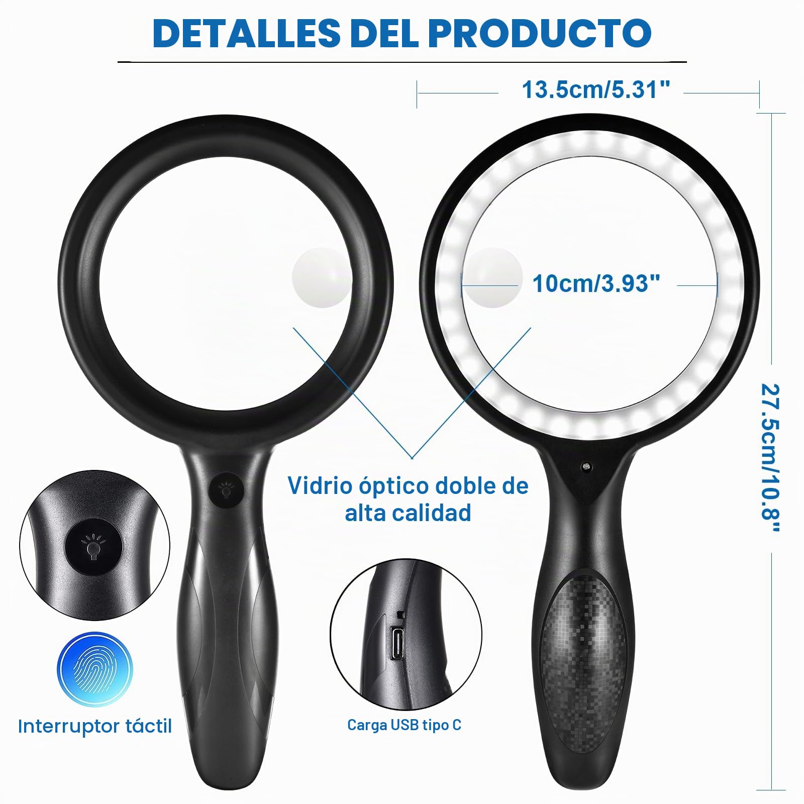 Lupa con Luz, 60X 30X 33 LEDLupas de Mano de Gran Aumento, Lupa de Vidrio con 3 Modos, Lupa Iluminada de Lectura Gigante para Joyería, Leer Libros, Exploración, Periódico y Mapas