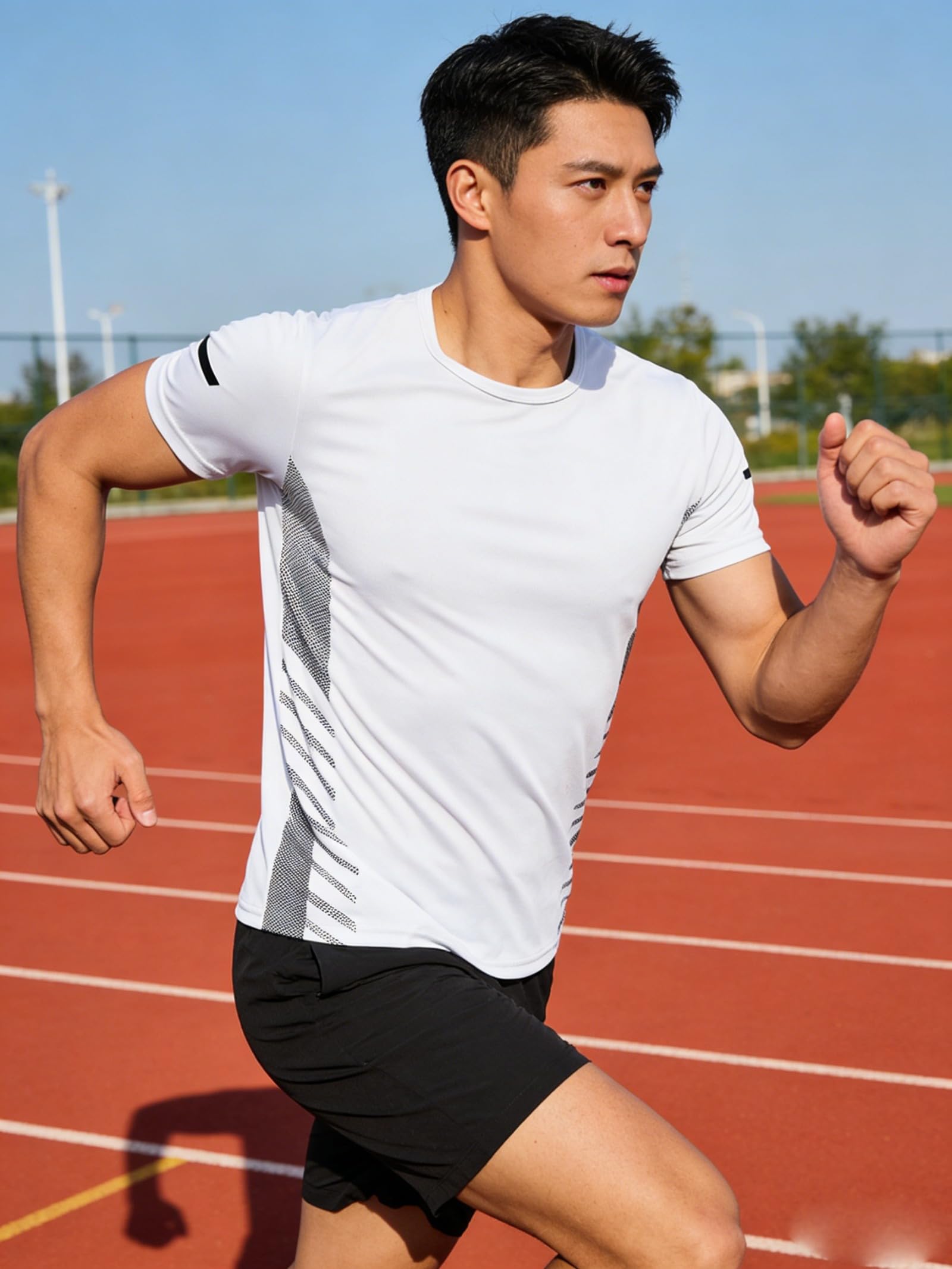 Camiseta de entrenamiento de secado rápido para hombre, transpirable, cuello redondo, manga corta con tira reflectante para gimnasio y correr — view 3