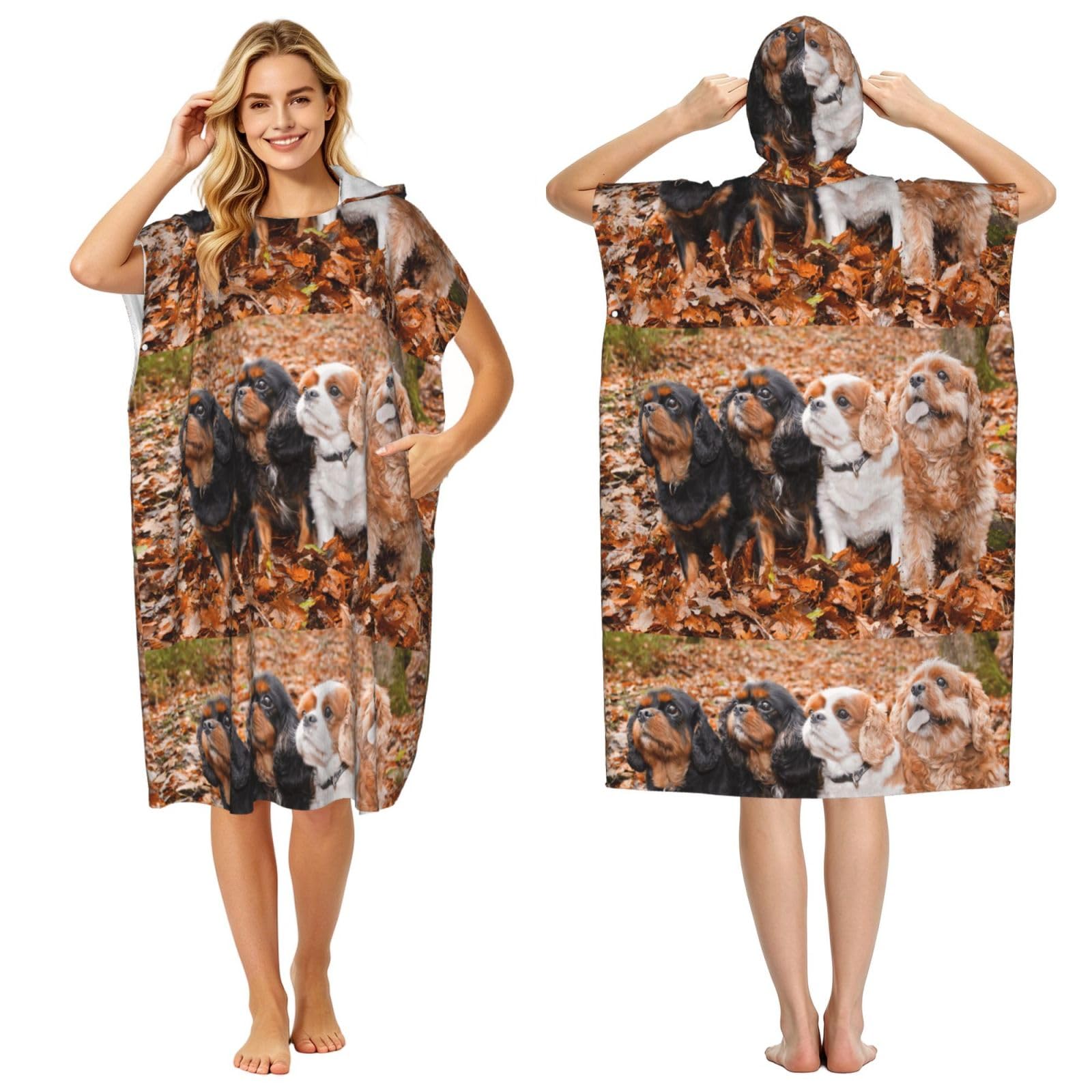 Poadnly Cavalier King Charles Spaniel Autumn Puppies, Adult Hooded Beach Towel 90 x 110 cm,Changing Bath Robe, Surf Poncho Towel For Women Men