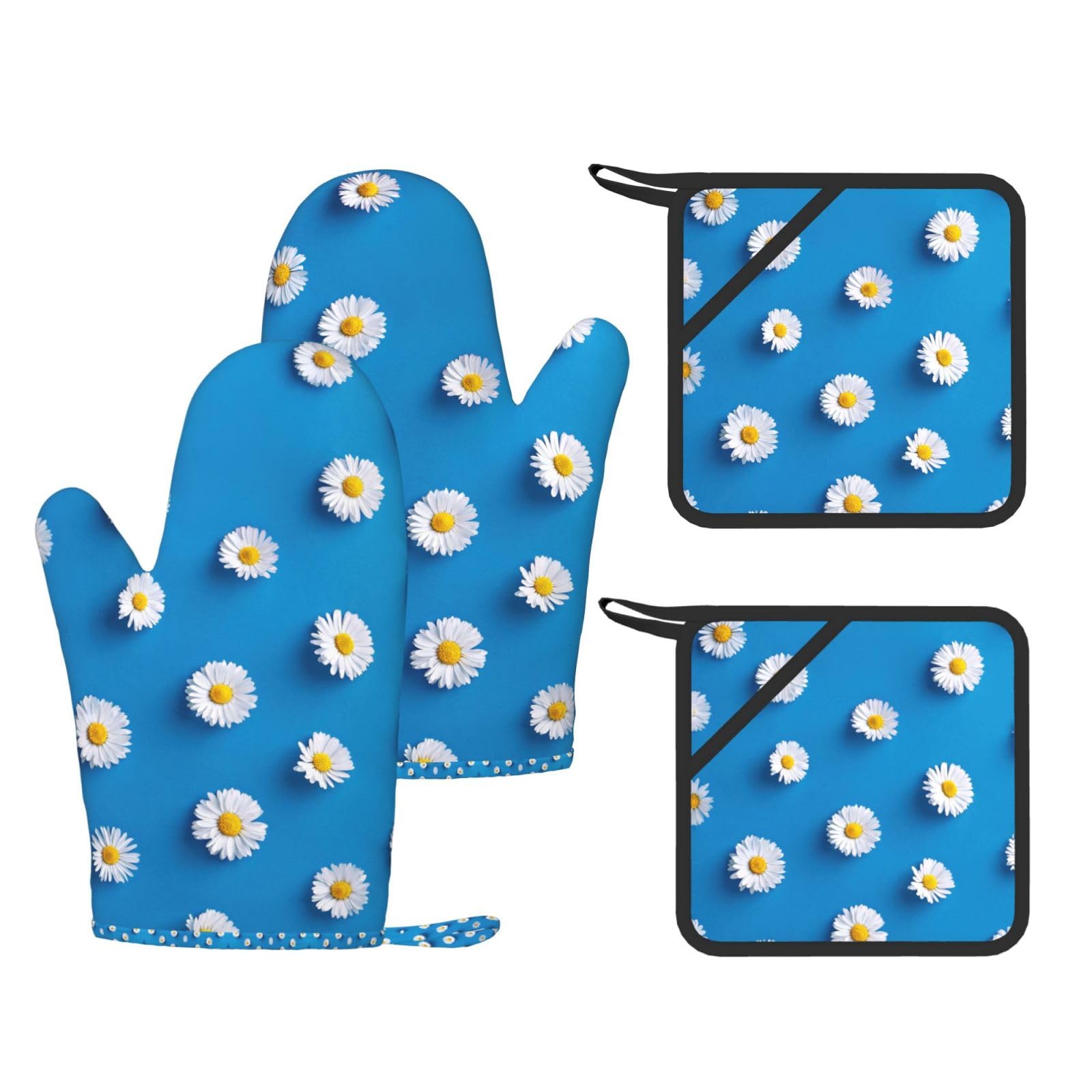 White Daisy Printed Pot Holders and Oven Mitts 4-Piece, Non-Slip Kitchen Gloves with Utensil Pocket for BBQ