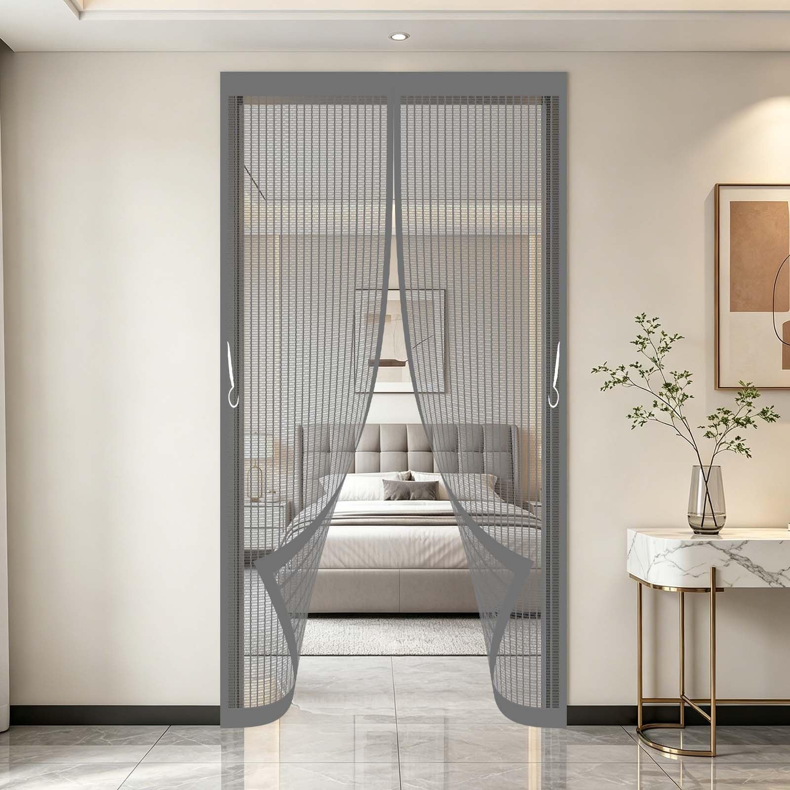 Fly Screen Door 118 x 222 cm Full Frame Magic Tape, Magnet Silent Closure, No Punching Magnetic Door Curtains Fly Screen Insect Mesh Mosquito Net for Patio Balcony, Grey