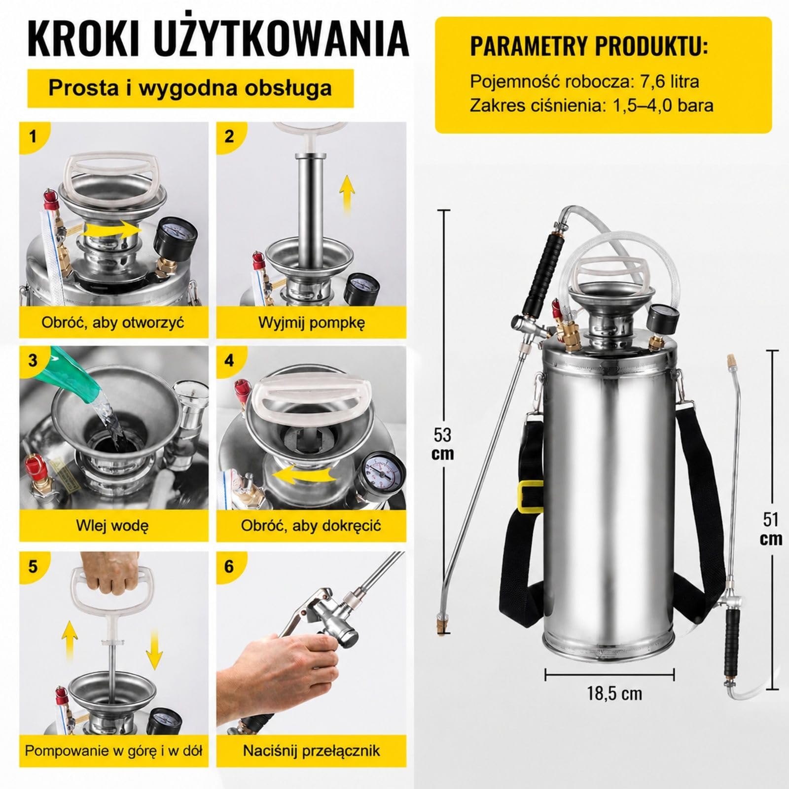 Opryskiwacz ciśnieniowy ze stali nierdzewnej 8 L z zakrzywioną lancą i dyszą wachlarzową do ogrodu oraz roślin