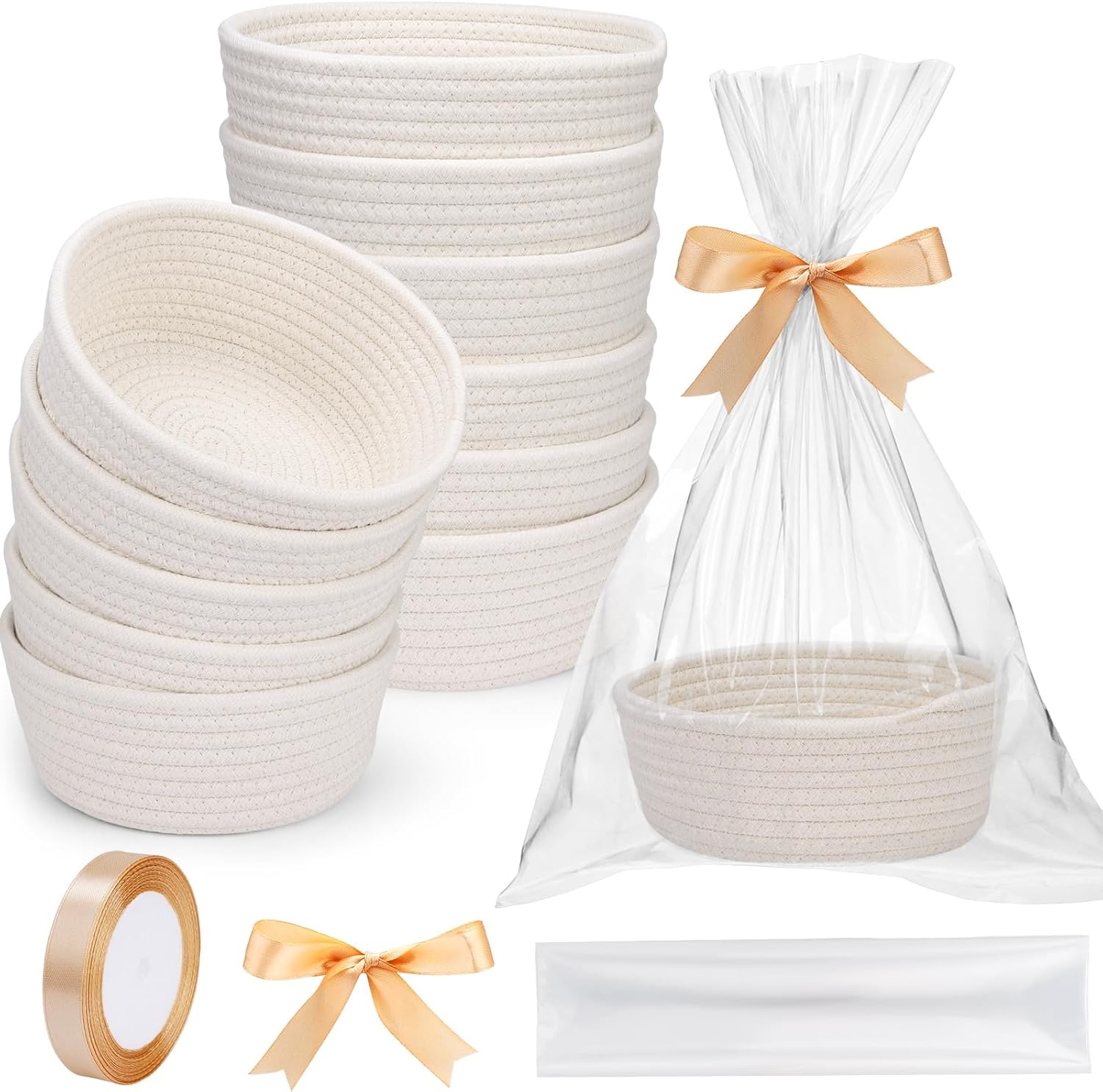 12 Pack Small Woven Storage Baskets with Gift Bag and Ribbon for Organizing Woven Natural Cotton Rope Bins Round Boho Empty Decorative Gift Chest Basket Box for Bathroom, Closet, Shelf Organizer (12)