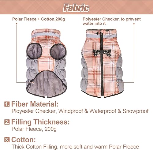 Miniatura 2 de BEAUTYZOO Abrigo de invierno a cuadros para perro, chaqueta reflectante mejorada para perro, forro polar acolchado con arnés integrado, ropa