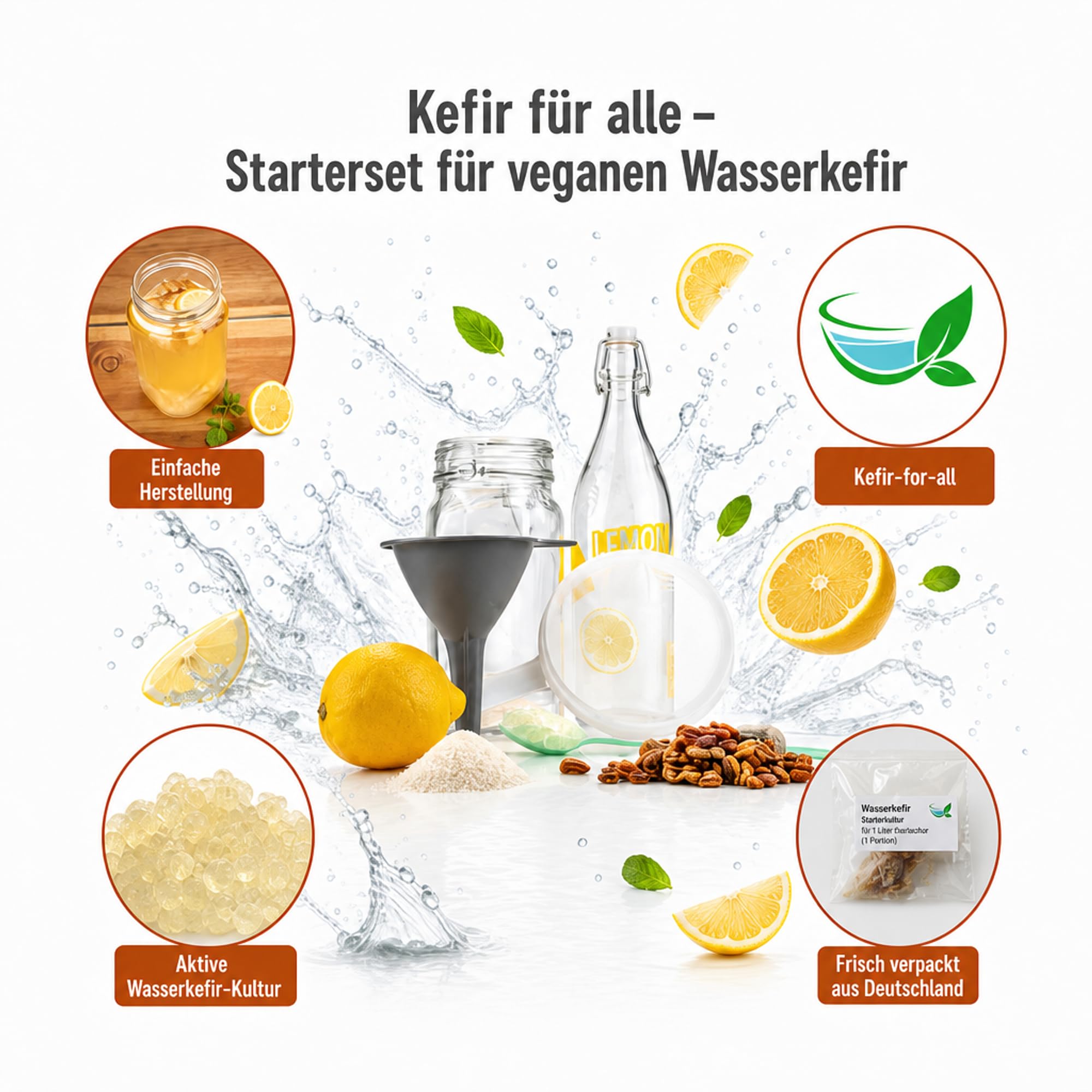 Kefir-for-all, Starterset für Kristallalgen, Wasserkefir, Japankristalle zur Herstellung von veganem Wasserkefir