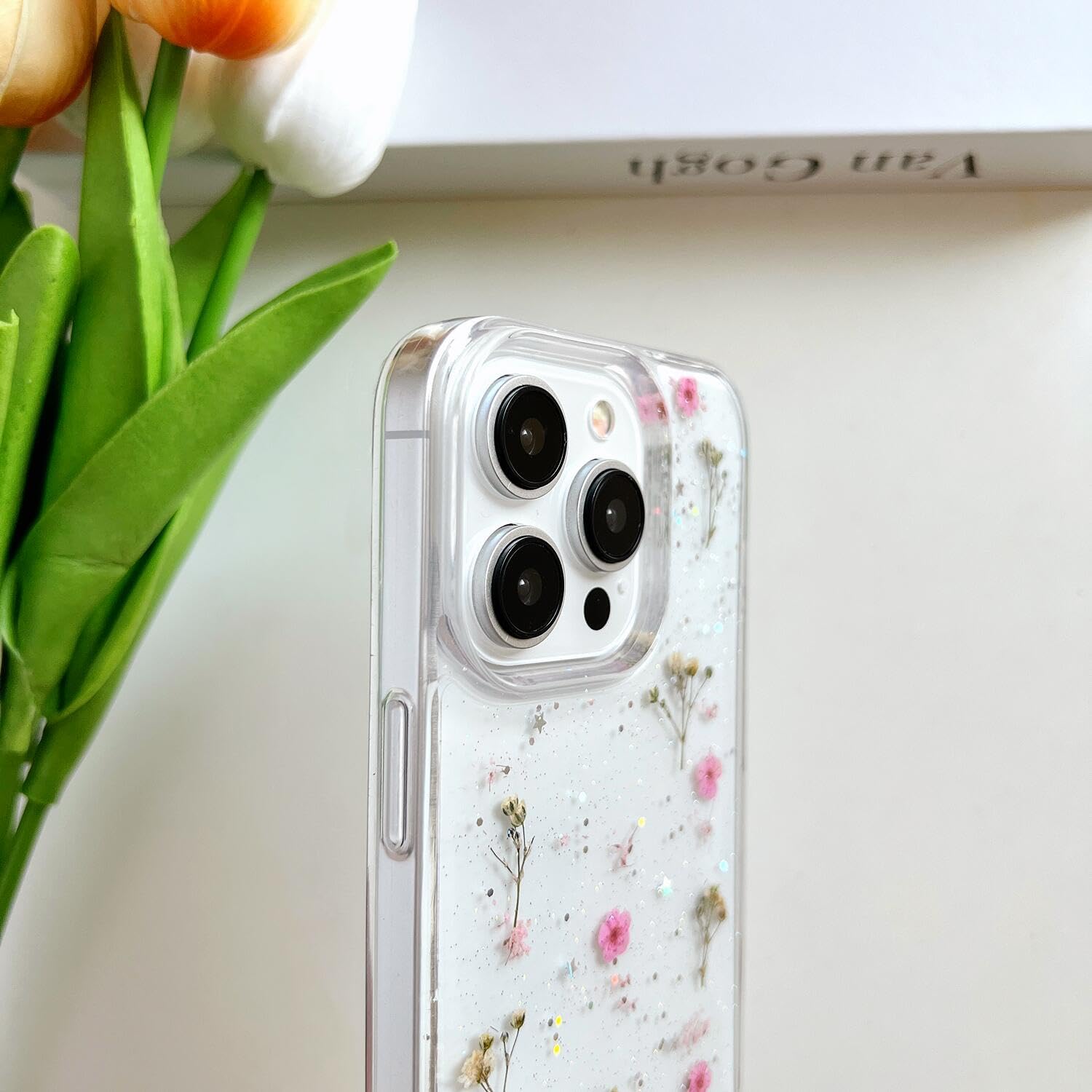 for iPhone 15 Pro Clear Case with Pressed Real Flowers Design,Glitter Cute Pink Floral Pattern Slim Soft TPU Protective Women Girl's Phone Cover for iPhone 15 Pro - Image 5