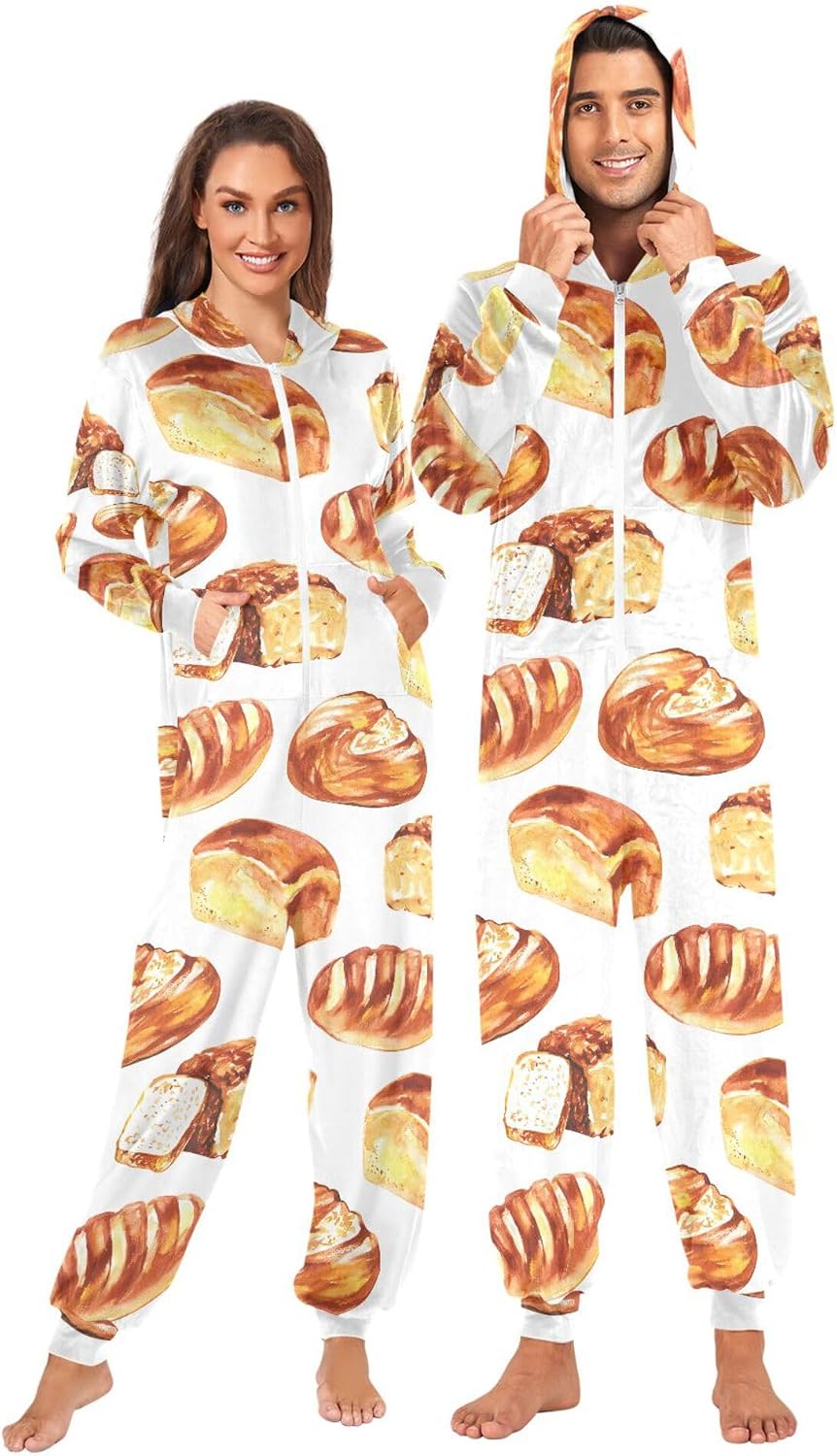 xigua Bread Print Adult Onesie Pajamas with Hoodie, Comfy One-Piece Pajama Jumpsuits for Women Men