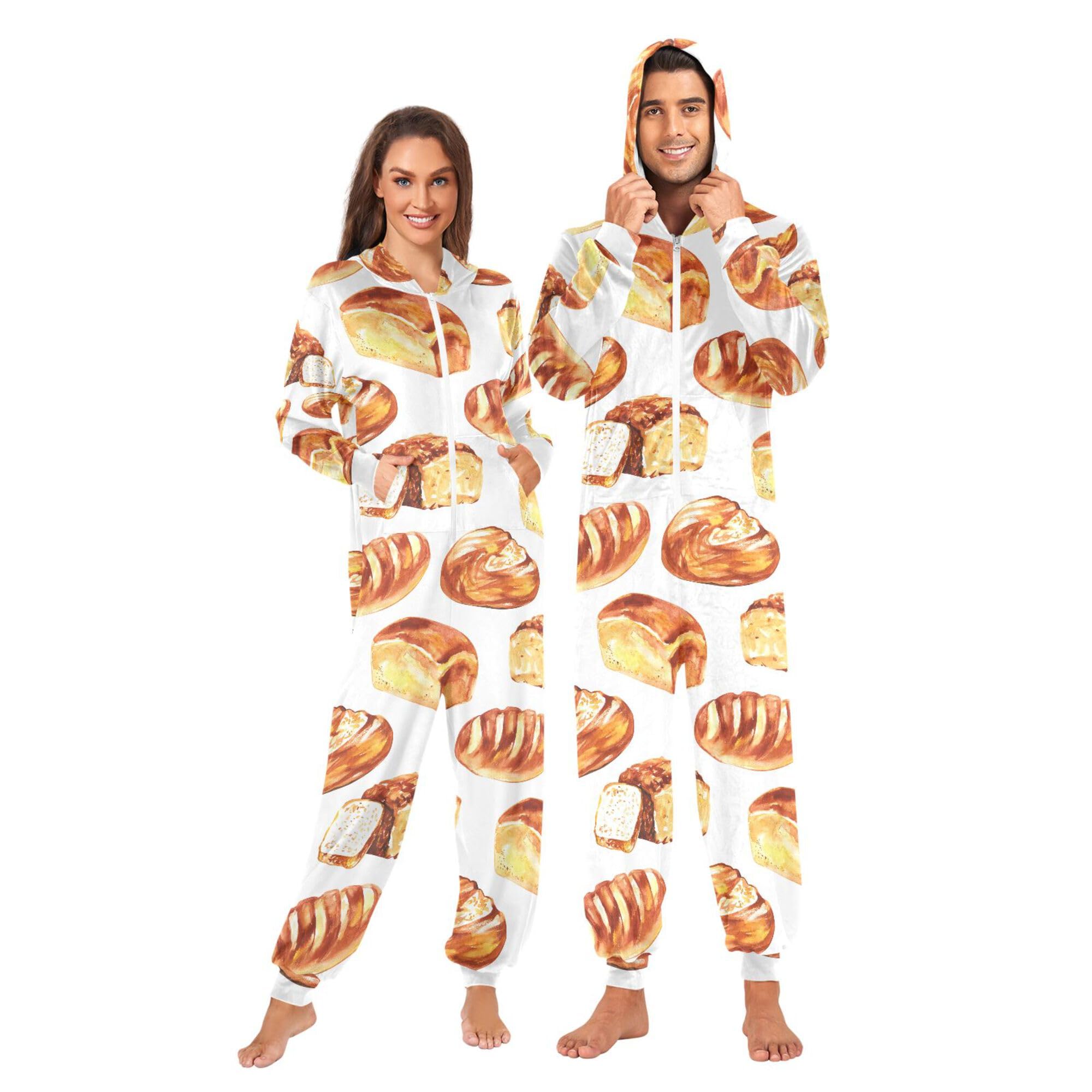 Pijama enterizo con capucha para adultos, con estampado de pan, cómodo pijama de una pieza para mujeres y hombres