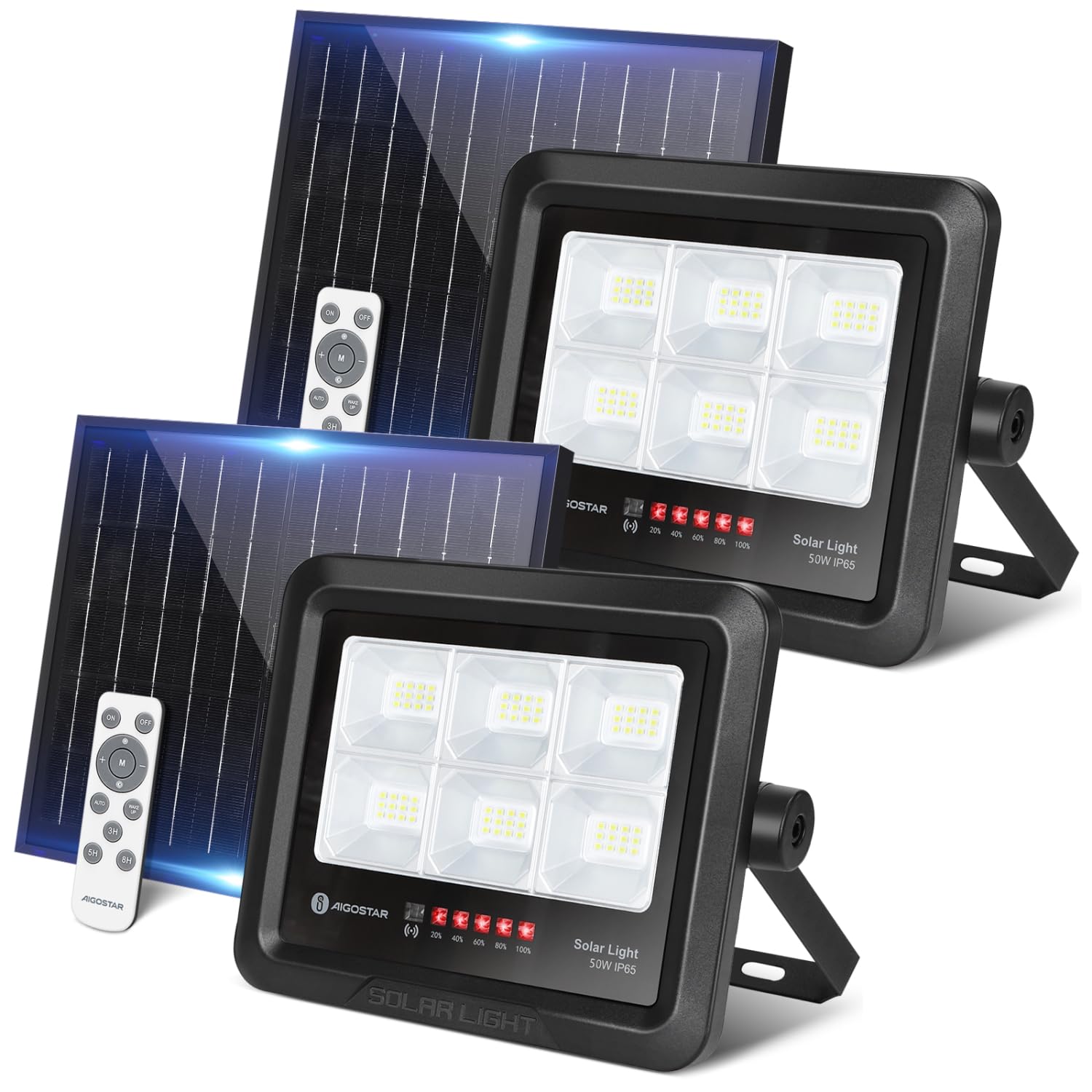 Aigostar Solarstrahler Außen Mit Fernbedienung 50W LED Strahler Außen Solar, Kaltweiß 6500K,IP65 Wasserdicht Solar Außenstrahler Einstellbare Helligkeit und Timing für Garten, Hof, Garage, etc.2 PCS